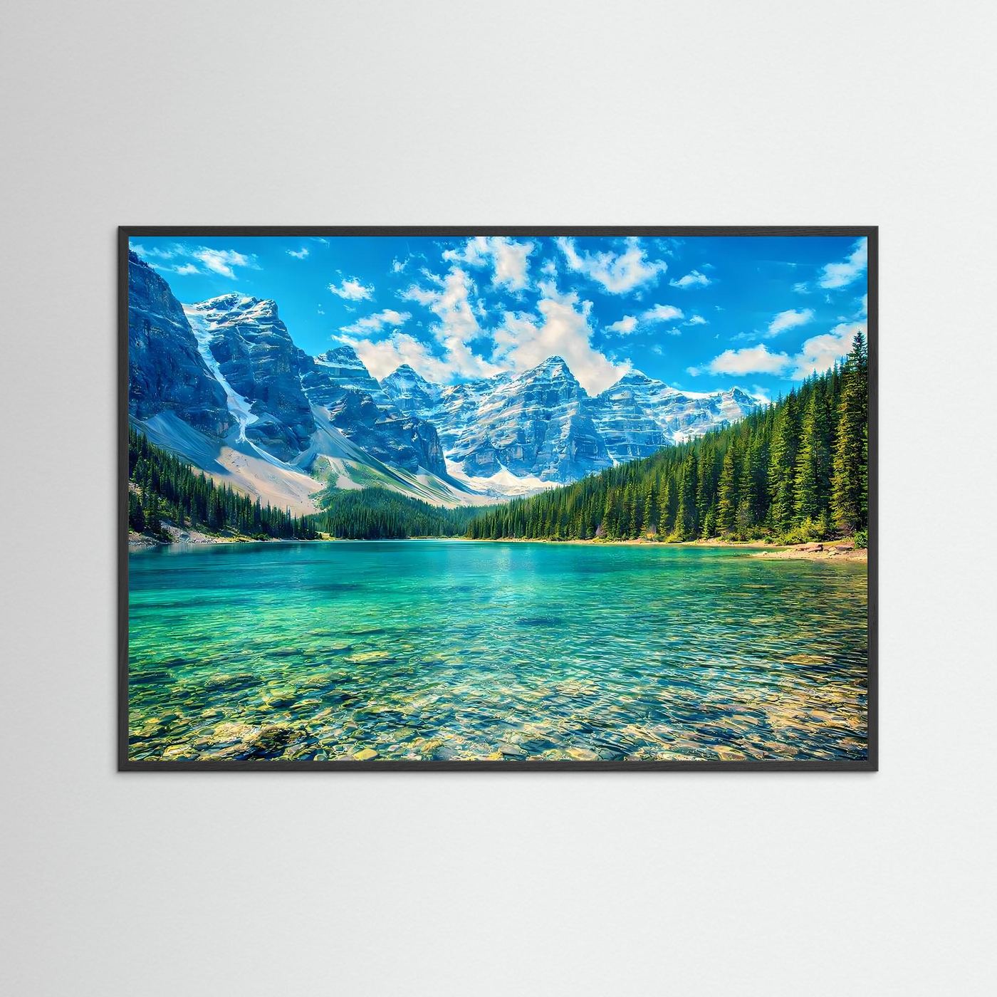 Gerahmtes Wandbild mit türkisblauem Bergsee, Fichtenwald und schroffen Alpen im Himmel