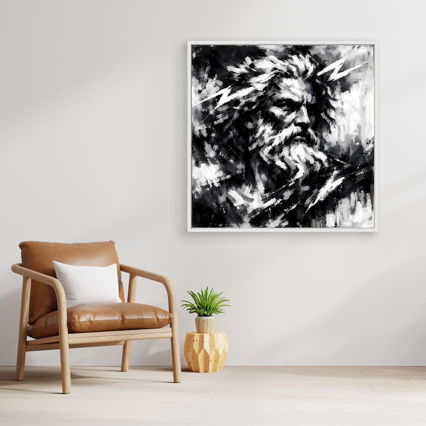 Black-and-white abstract Zeus portrait wall art, square print in white frame.