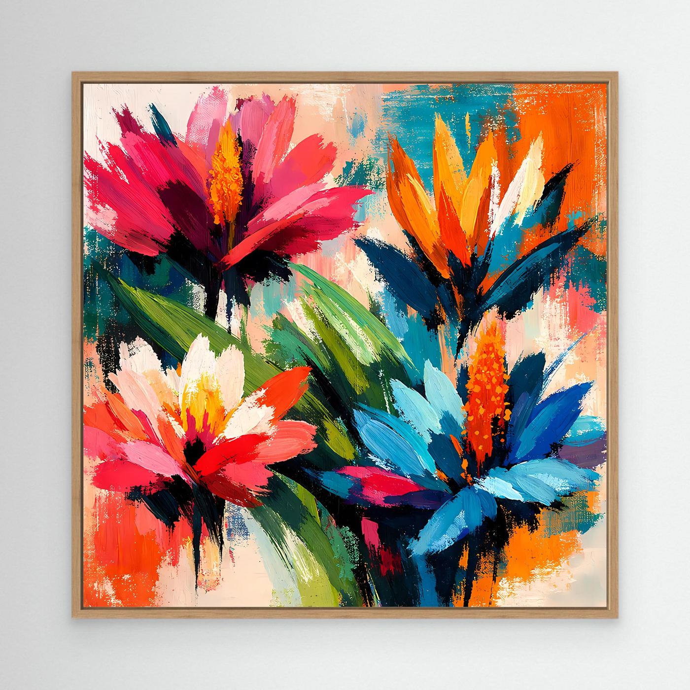 Abstract tropical flower wall art print with colorful blooms in a light wood frame