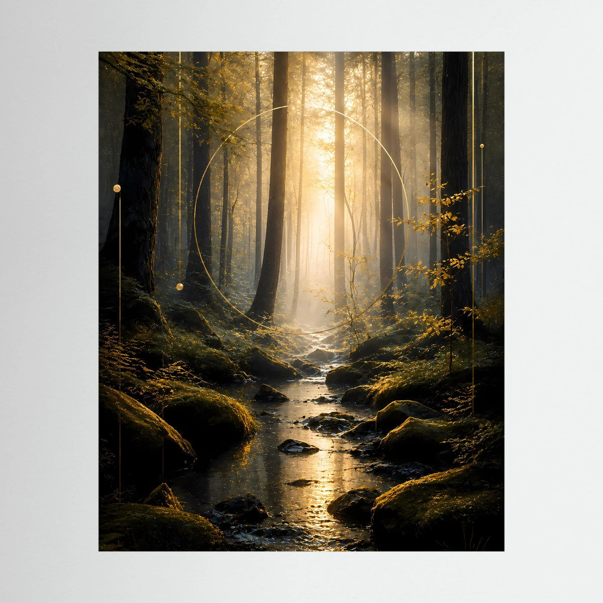 Wandposter im Hochformat mit Lichtstrahlen über Bachlauf, dunkler Zauberwald, ohne Rahmen