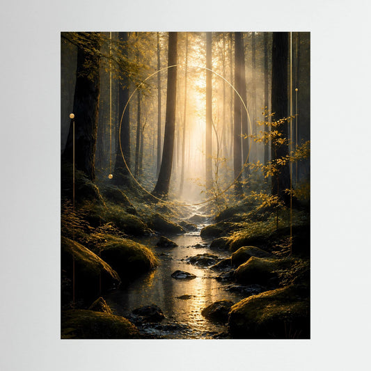Wandposter im Hochformat mit Lichtstrahlen über Bachlauf, dunkler Zauberwald, ohne Rahmen