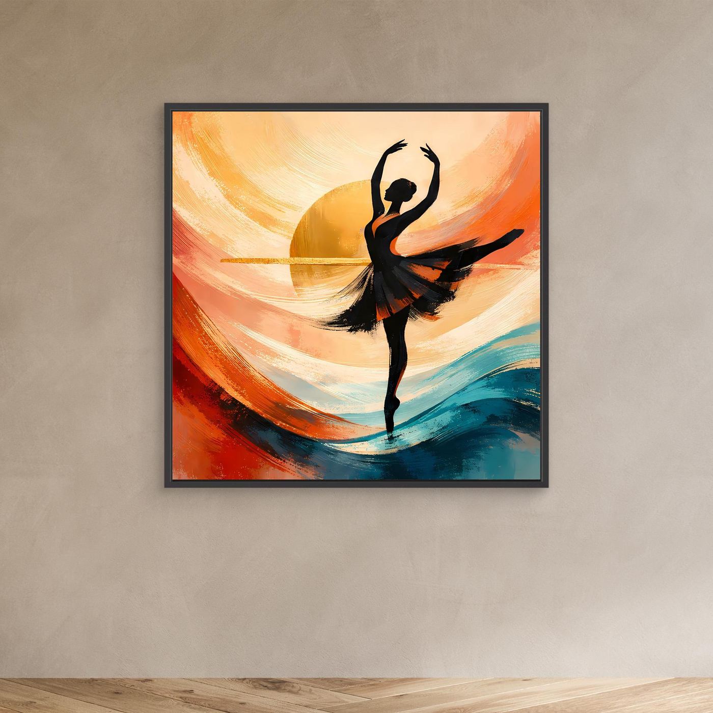 Abstraktes Leinwandbild im schwarzen Rahmen mit Ballerina-Silhouette in warmen und kühlen Farben