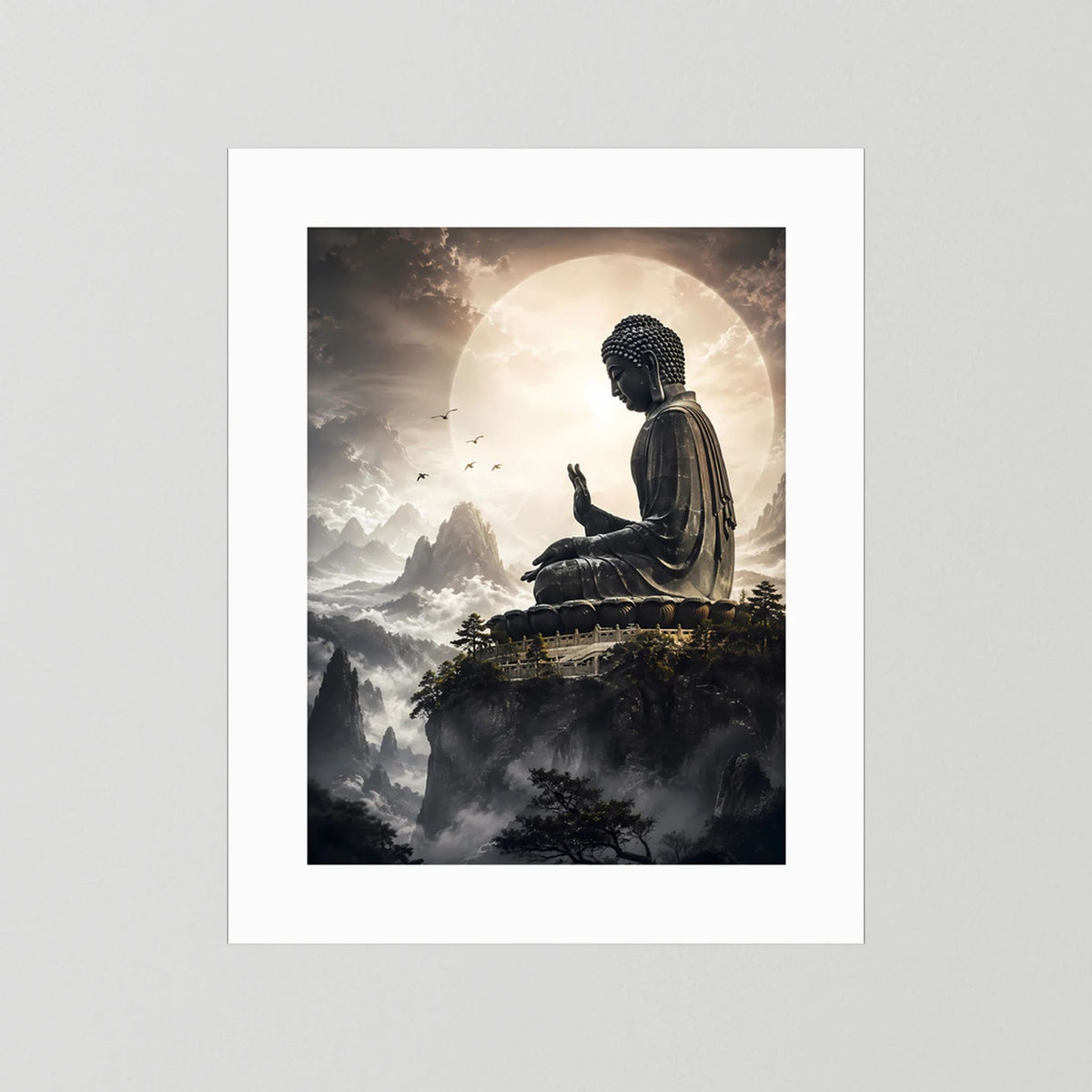 Poster ohne Rahmen, mit weißem Rand: sitzender Buddha über Wolken und goldener Mond