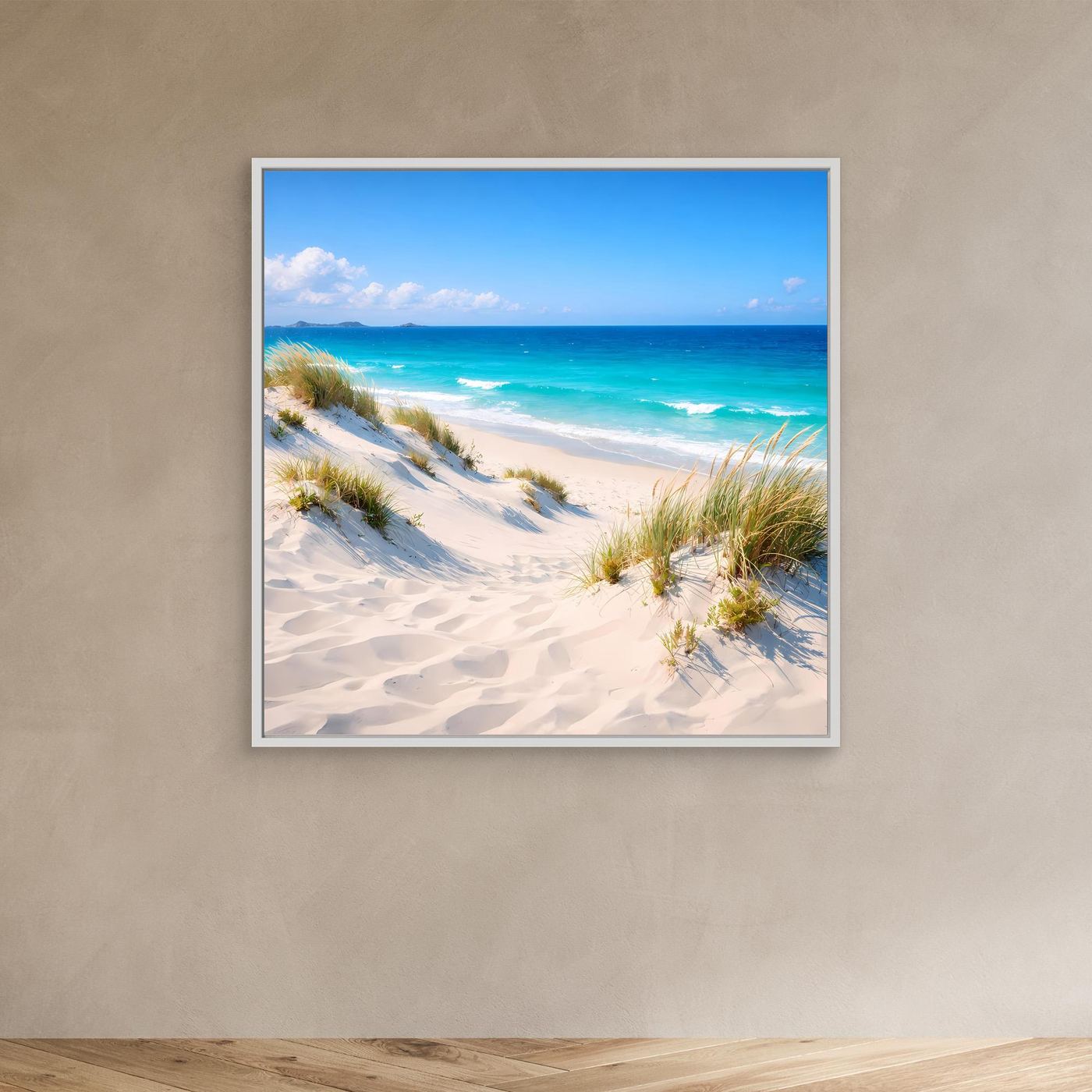 Leinwandbild mit Dünen am Strand, türkisfarbenes Meer und hellem Sand, heller Rand