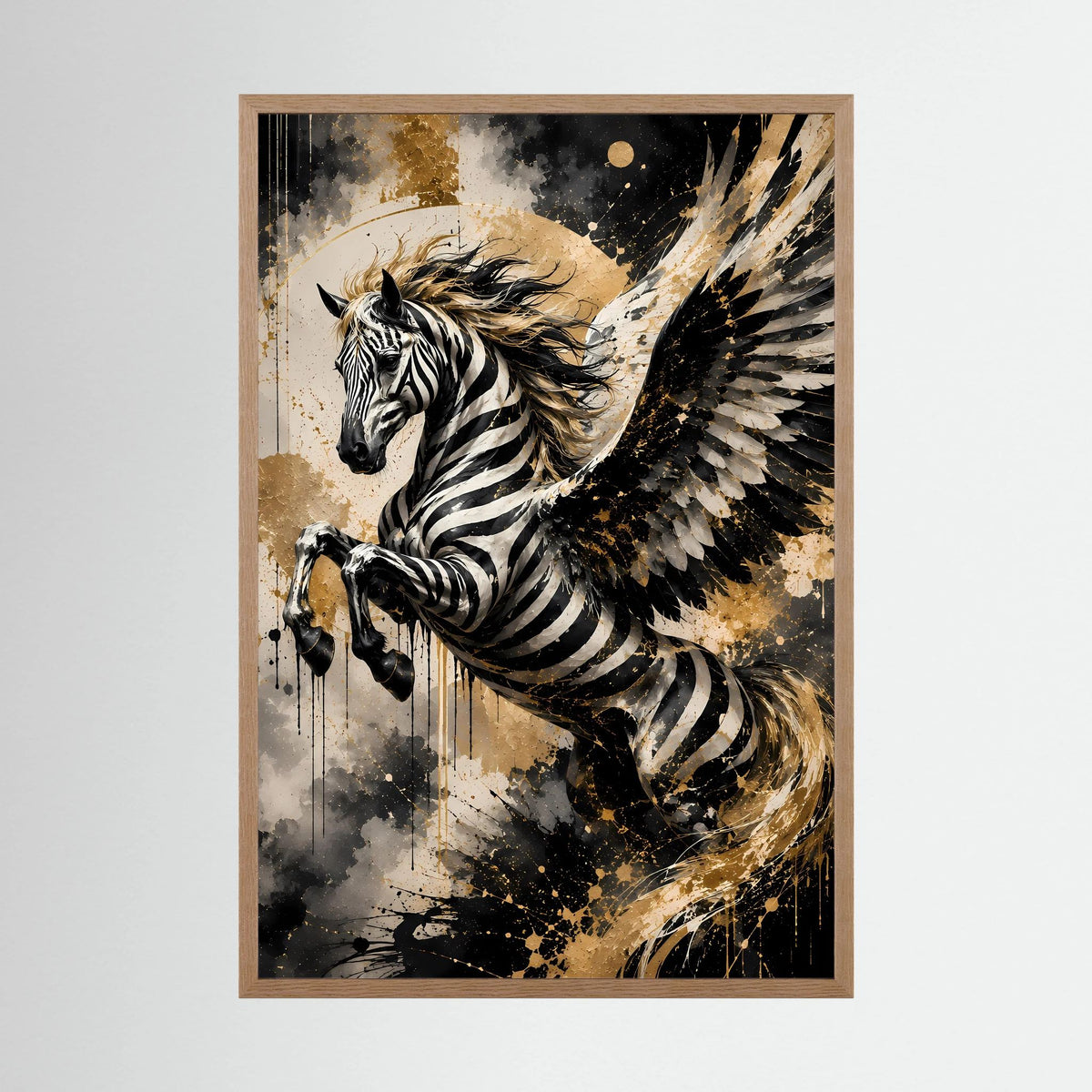 Geflügeltes Zebrapferd | Schwarz Gold abstrakte Fantasy Kunst | Poster Hochformat
