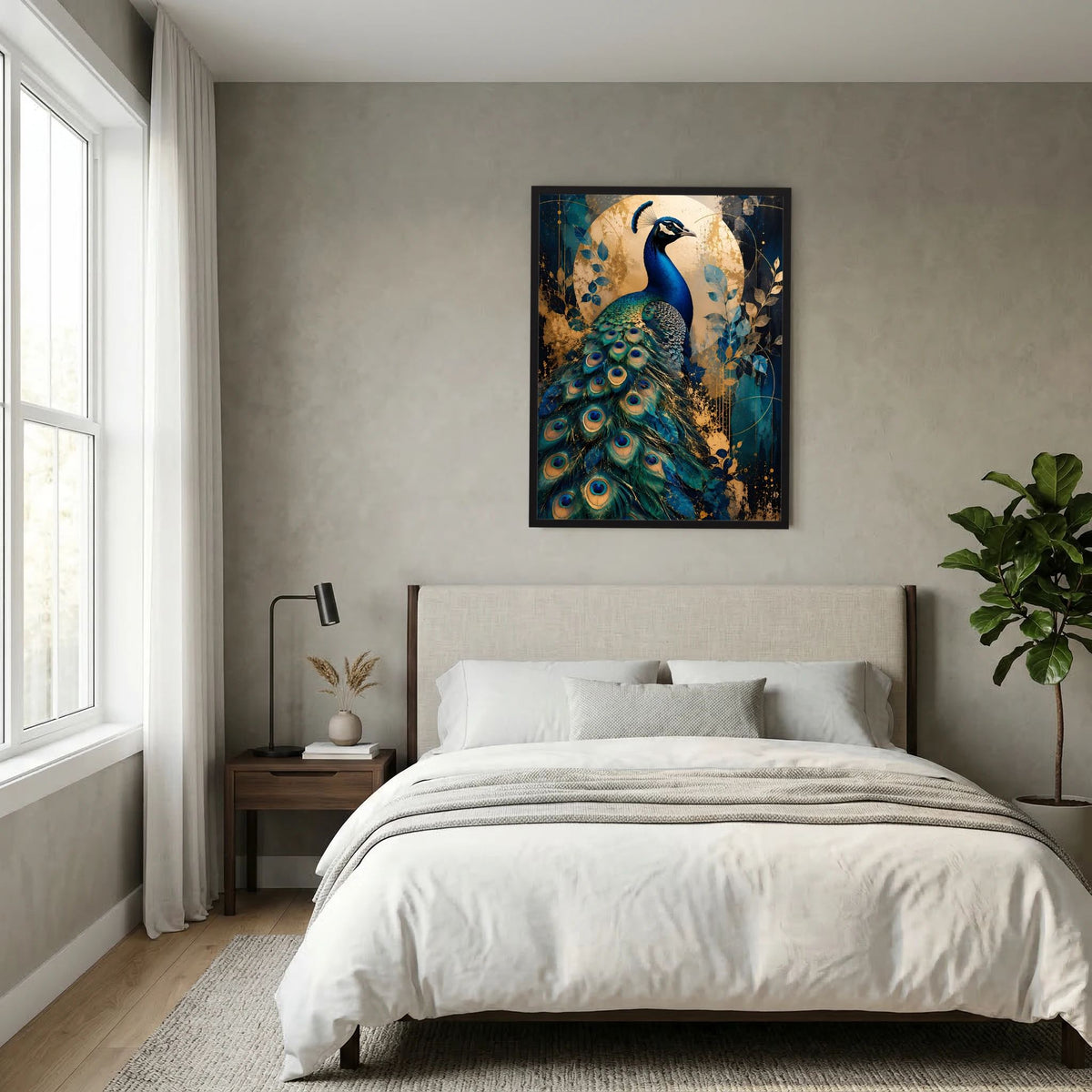 Gerahmtes Hochformat-Poster mit blauem Pfau, goldem Hintergrund und detailreichen Pfauenaugen.