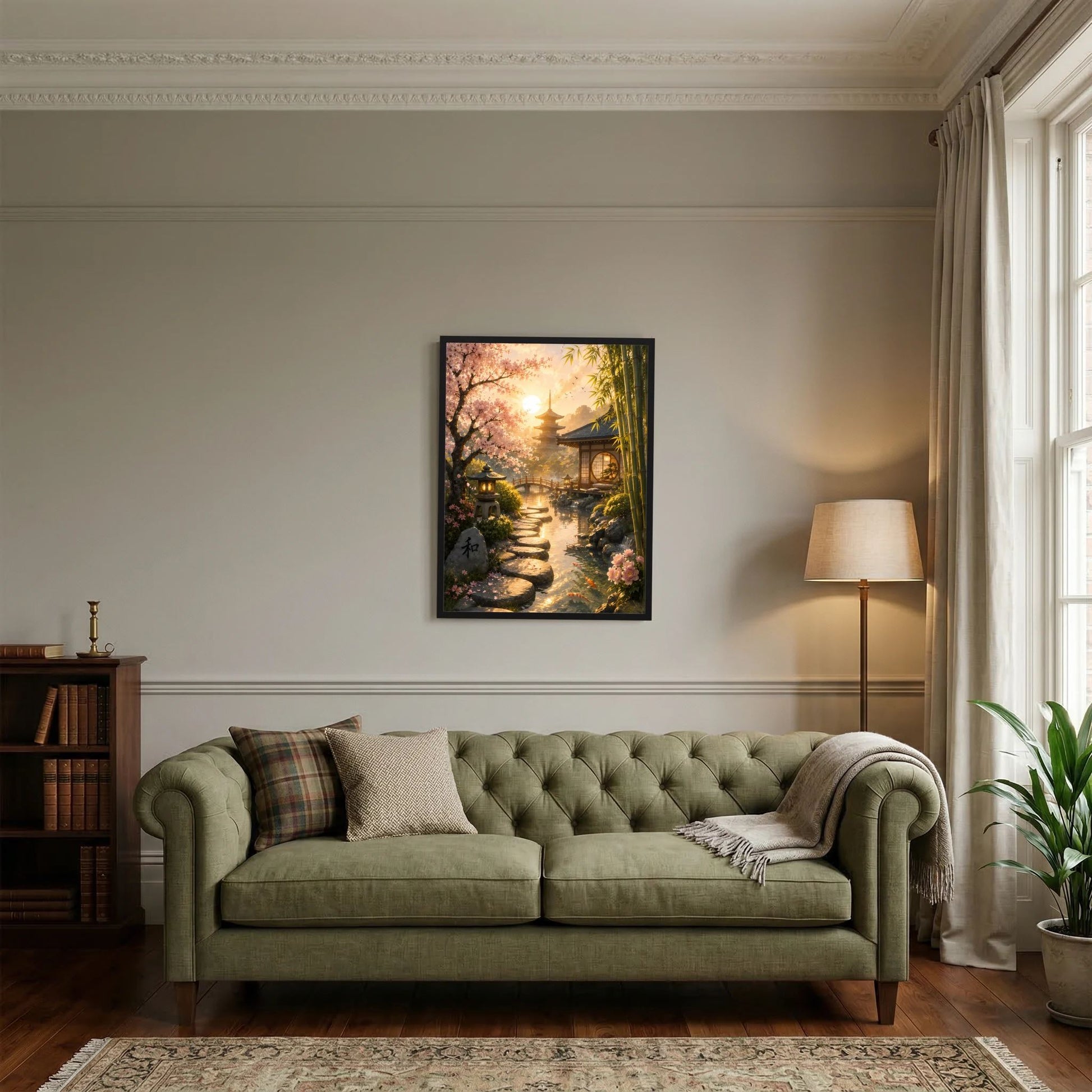 Hochformat-Poster Zen-Garten mit goldener Abendsonne, Weg und Pagode, schwarz gerahmt