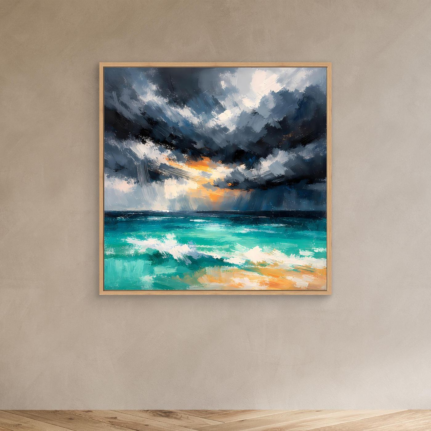 Leinwand Abstraktes Gewitter über dem Meer | Modernes Sturm Wandbild Türkis Orange