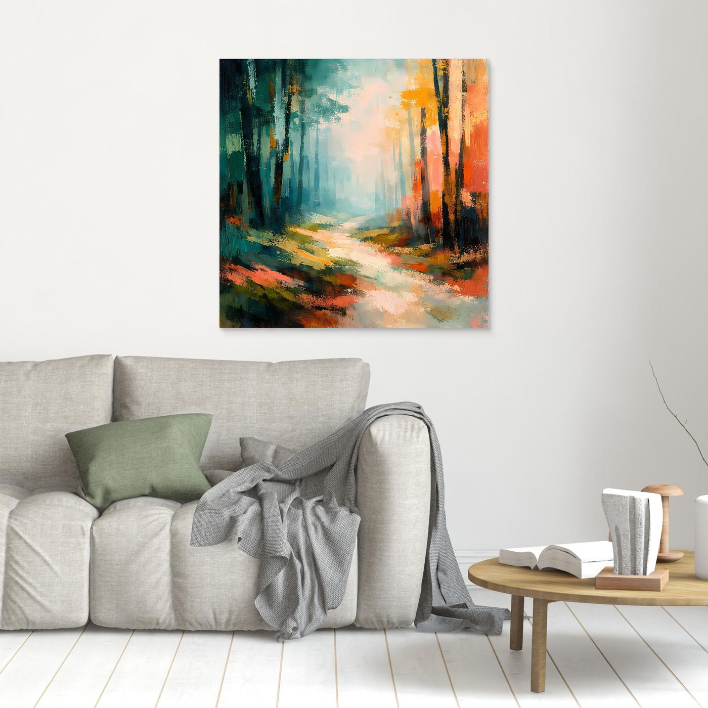 Leinwand-Wandbild mit abstraktem Waldweg in Blau, Grün und Orange, im dunklen Rahmen