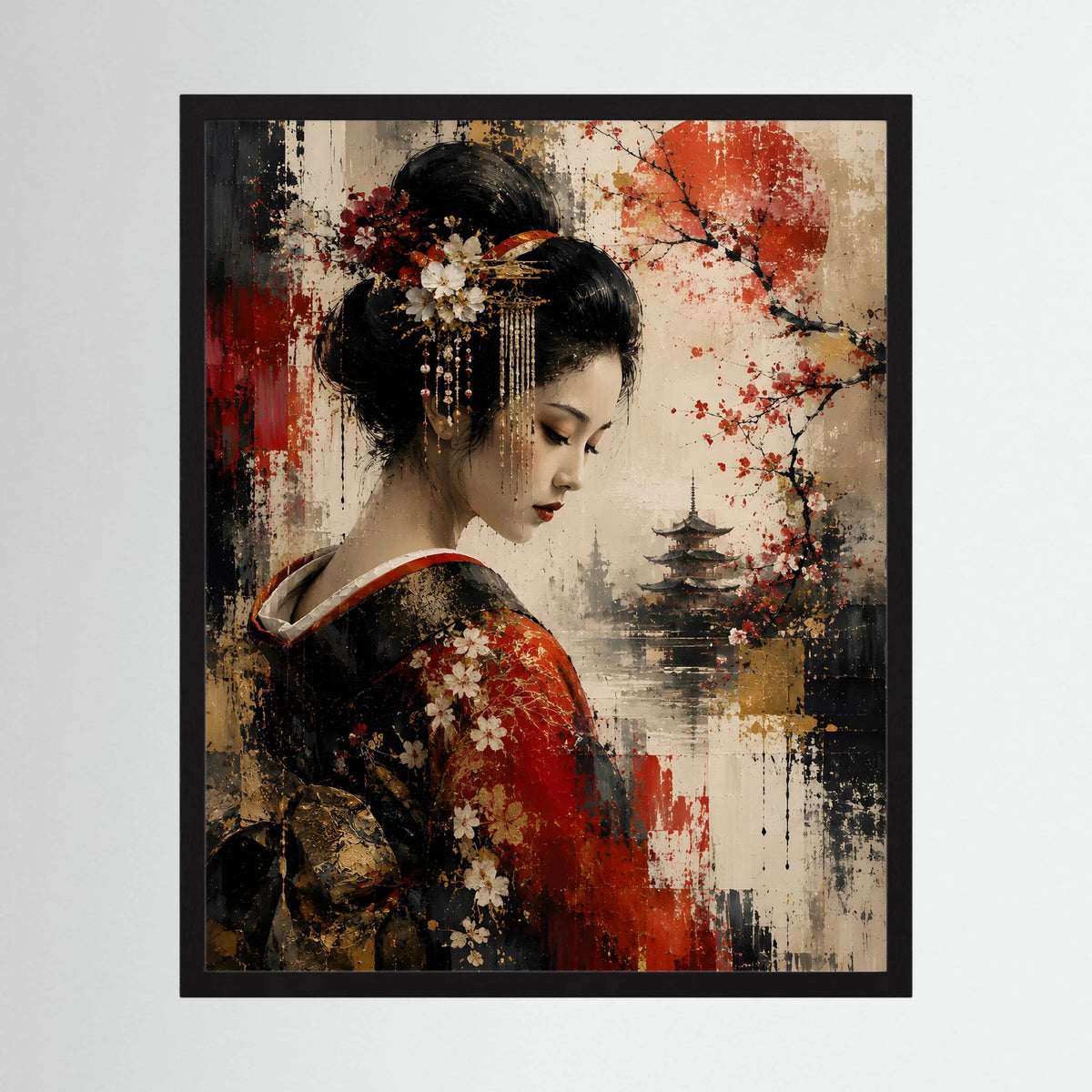 Gerahmtes Kunstposter: Geisha in Schwarz und Rot, Kirschblüten, Pagode in Goldtönen