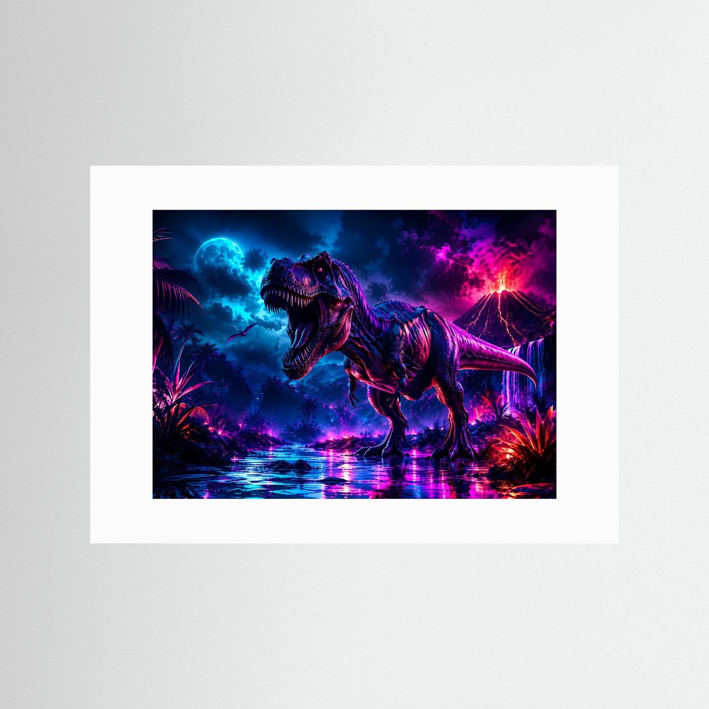 T-Rex Neon Nacht | Dinosaurier mit Vulkan & Mond