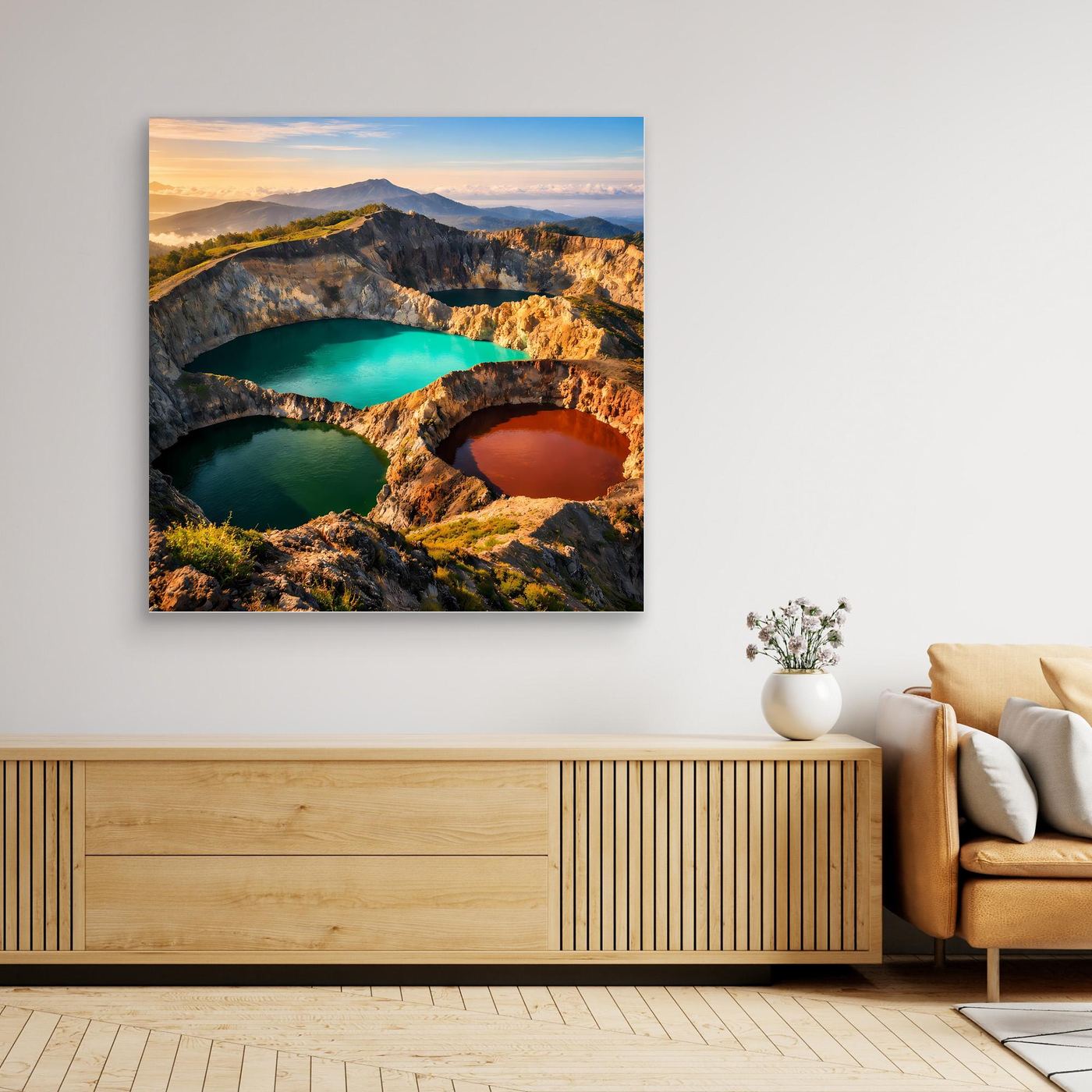 Leinwandbild mit Vulkan und Kraterseen, türkisgrüner See und roter Kratersee im Rahmen