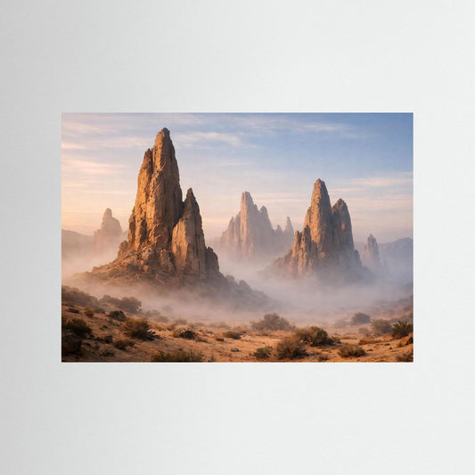 Naturposter mit Felsnadeln in der Wüste, Nebel und warmem Himmel im Landschaftsmotiv