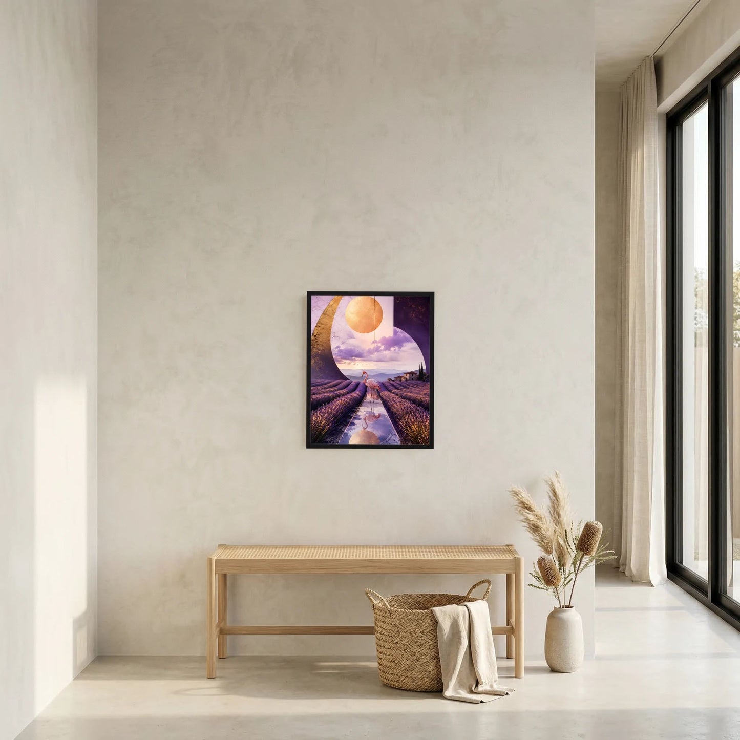Wandkunst im kleinen Rahmen: surreale Lavendel-Landschaft mit Flamingos und goldener Sonne