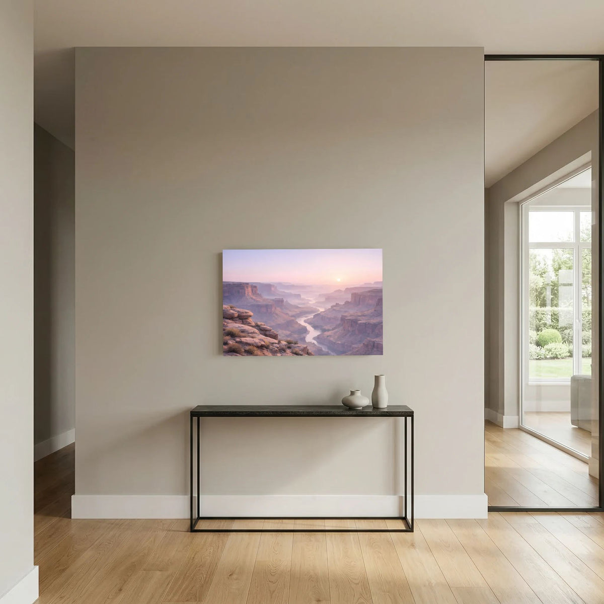 Wandbild Querformat mit Canyon-Motiv an Konsole, Sonnenaufgang und Flussschlucht.