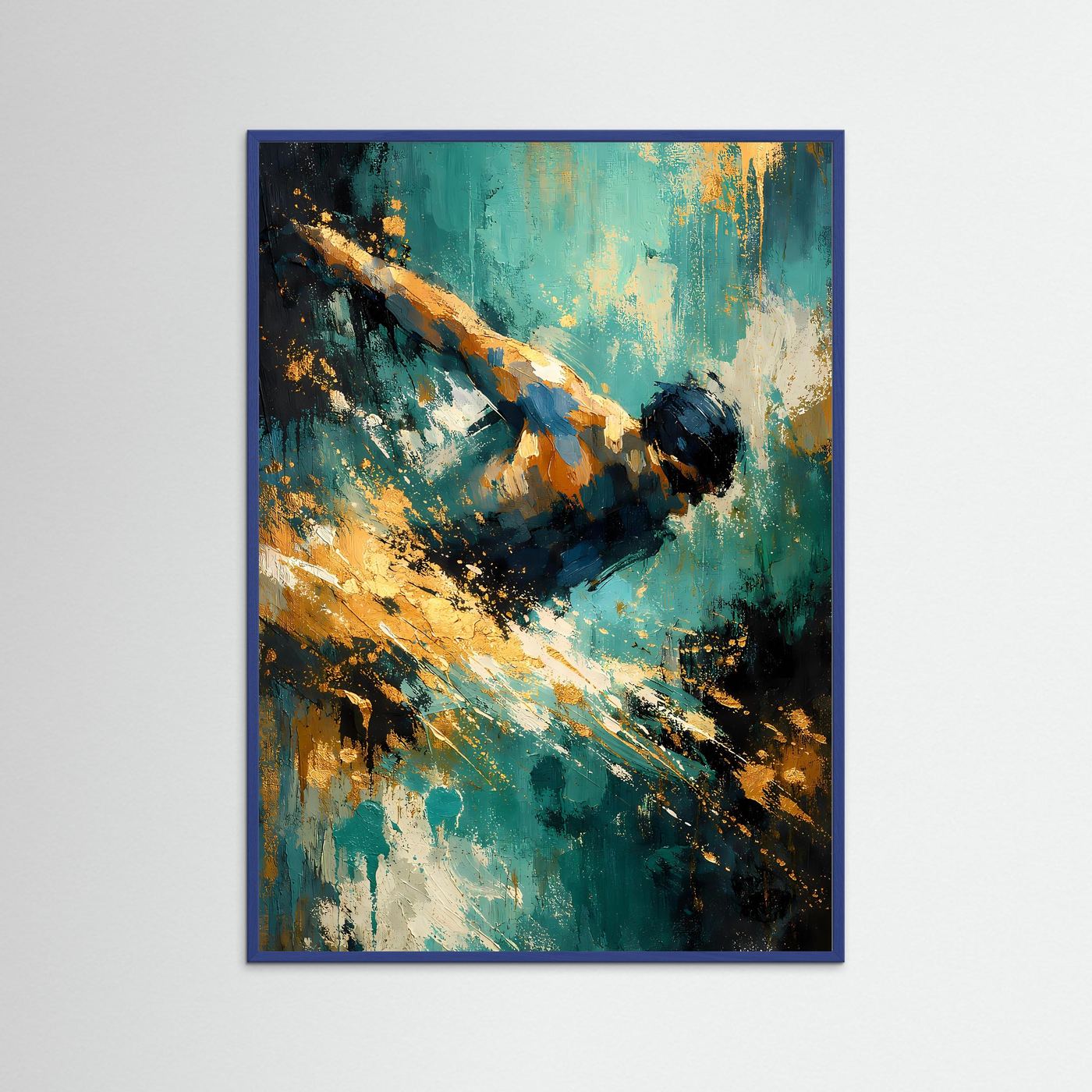 Abstraktes Schwimmer-Poster im blauen Rahmen, türkis-petrol mit goldenen Spritzern