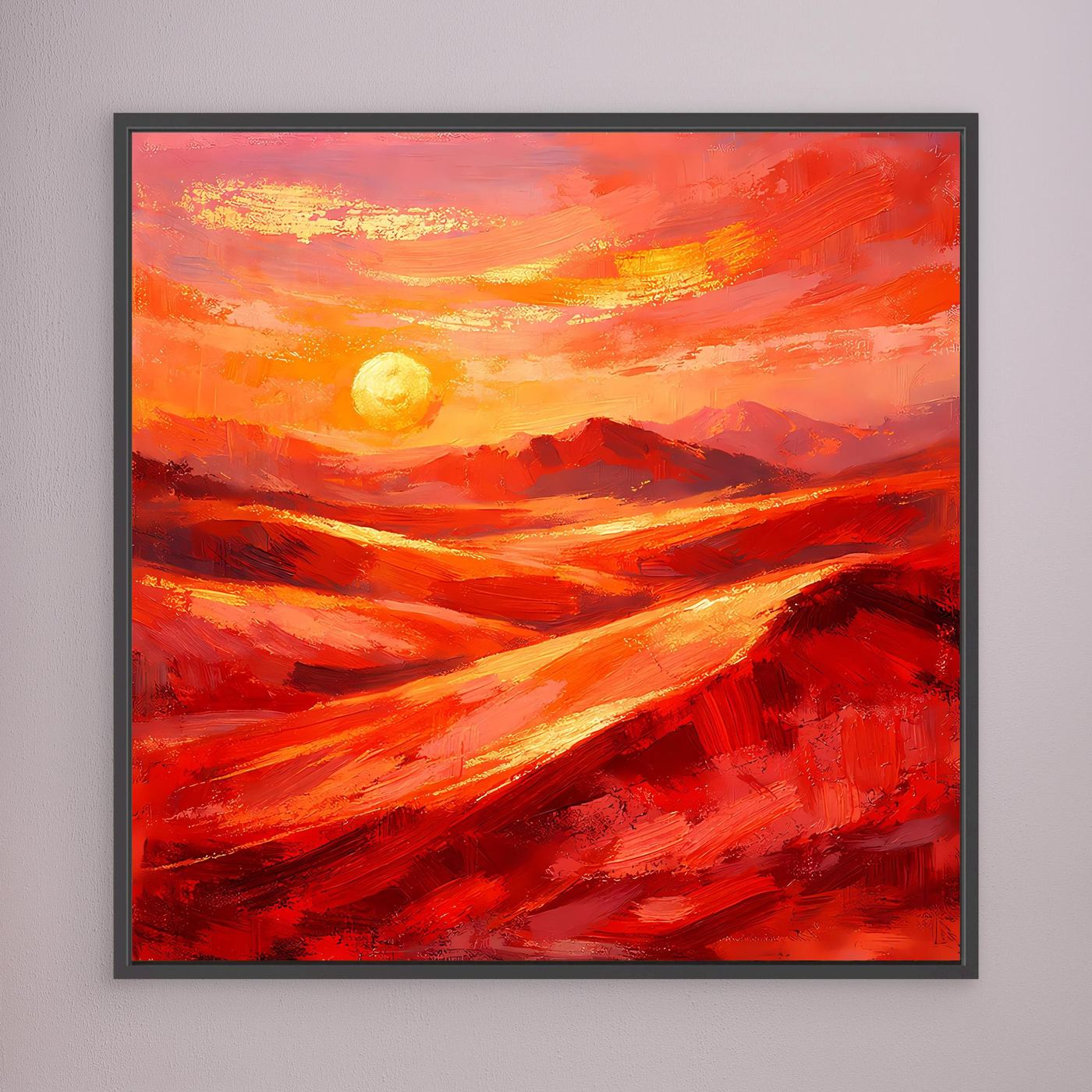 Gerahmtes Leinwandbild mit abstraktem Sonnenaufgang in Rot-Orange, schwarzer Rahmen