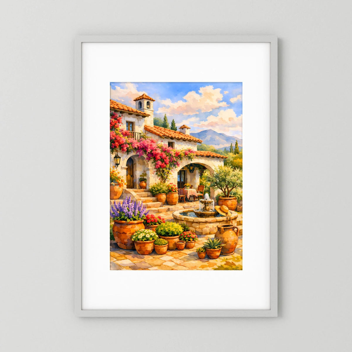 Hochformatiger Kunstposter mit mediterranem Innenhof, Blumen und Steinbrunnen
