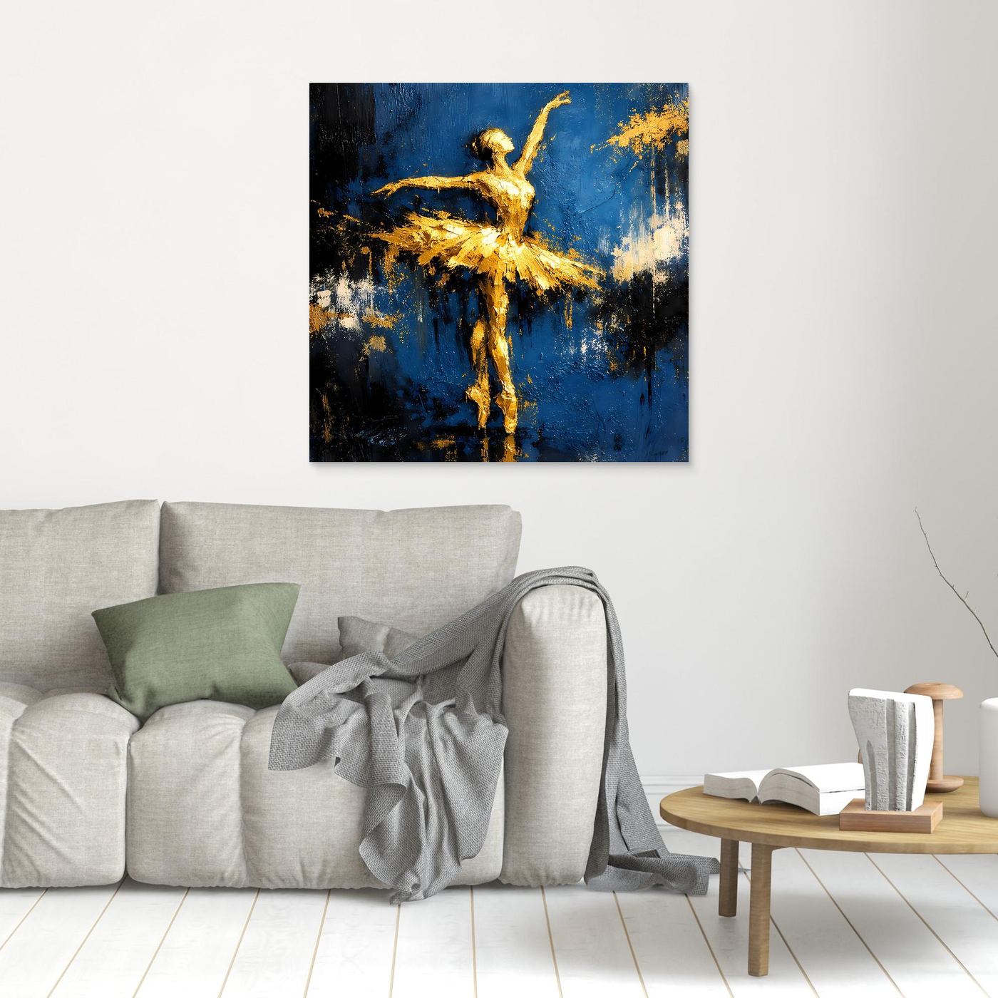Leinwand Elegante Ballerina in Gold und Blau | Abstraktes Ballett Wandbild