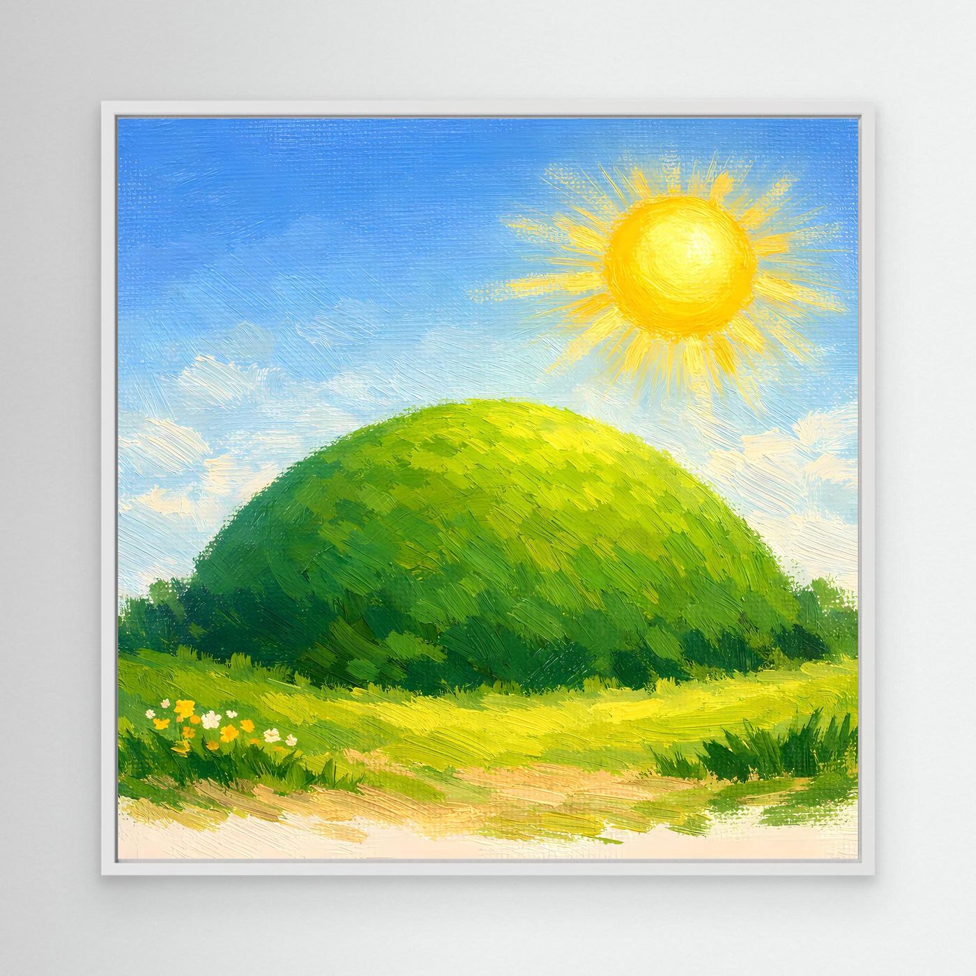 Leinwandbild mit weißem Rahmen: grüner Hügel, gelbe Sonne, Blumenwiese