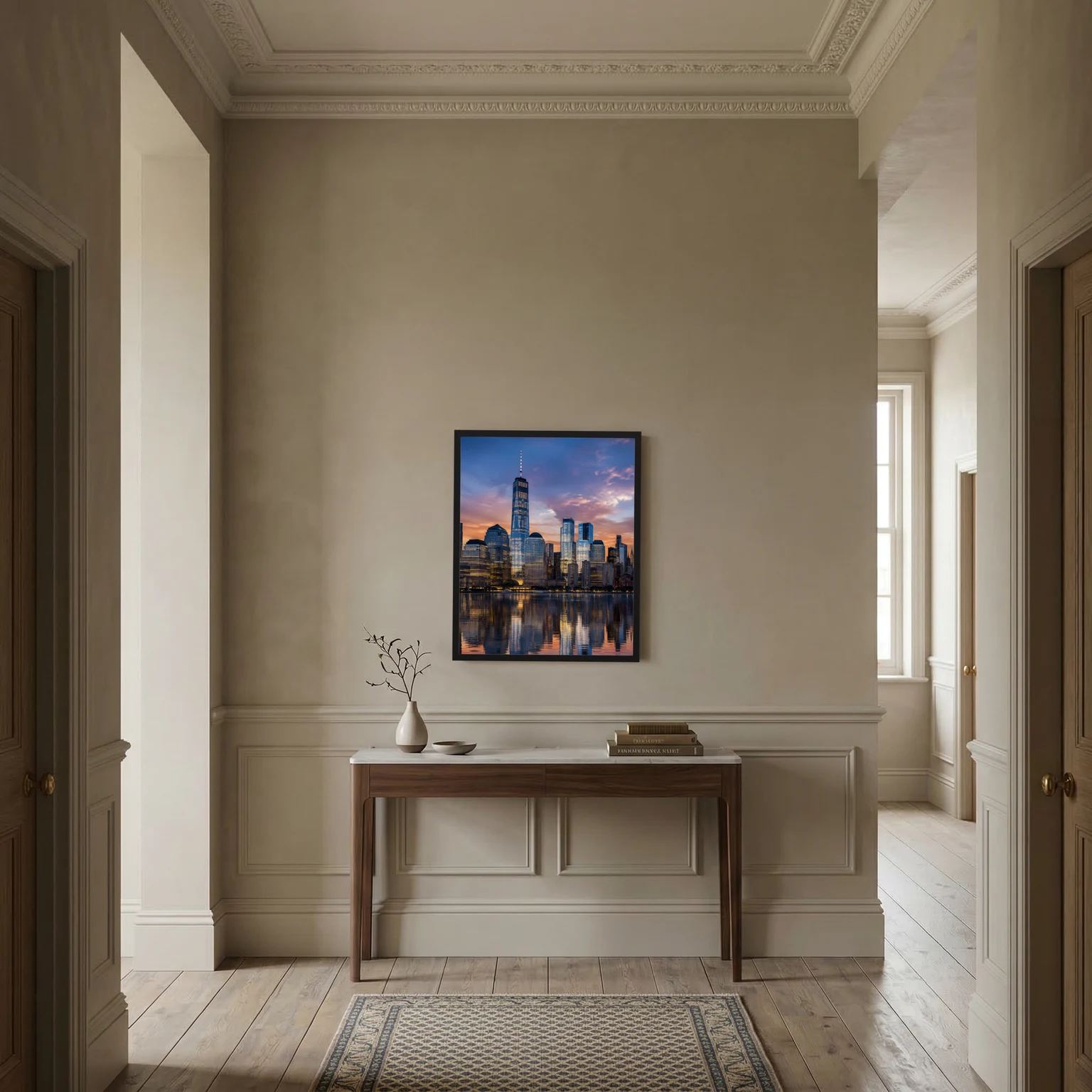 Hochformat-Poster Manhattan-Skyline bei Sonnenuntergang im schwarzen Rahmen