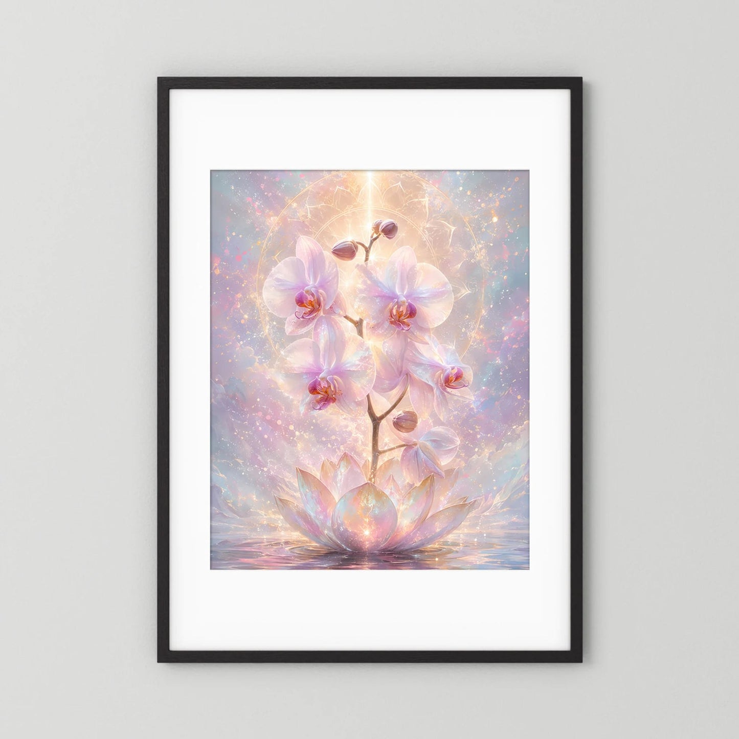 Hochformat-Poster mit Orchideen- und Lotusblüten in Pastell, Gold-Glanz, schwarzer Rahmen