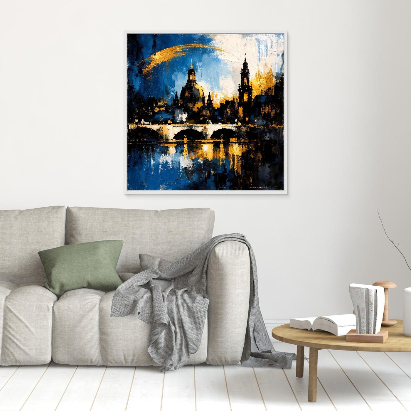 Leinwand-Wandbild mit Skyline in Blau, Gold und Schwarz, weißer Rahmen