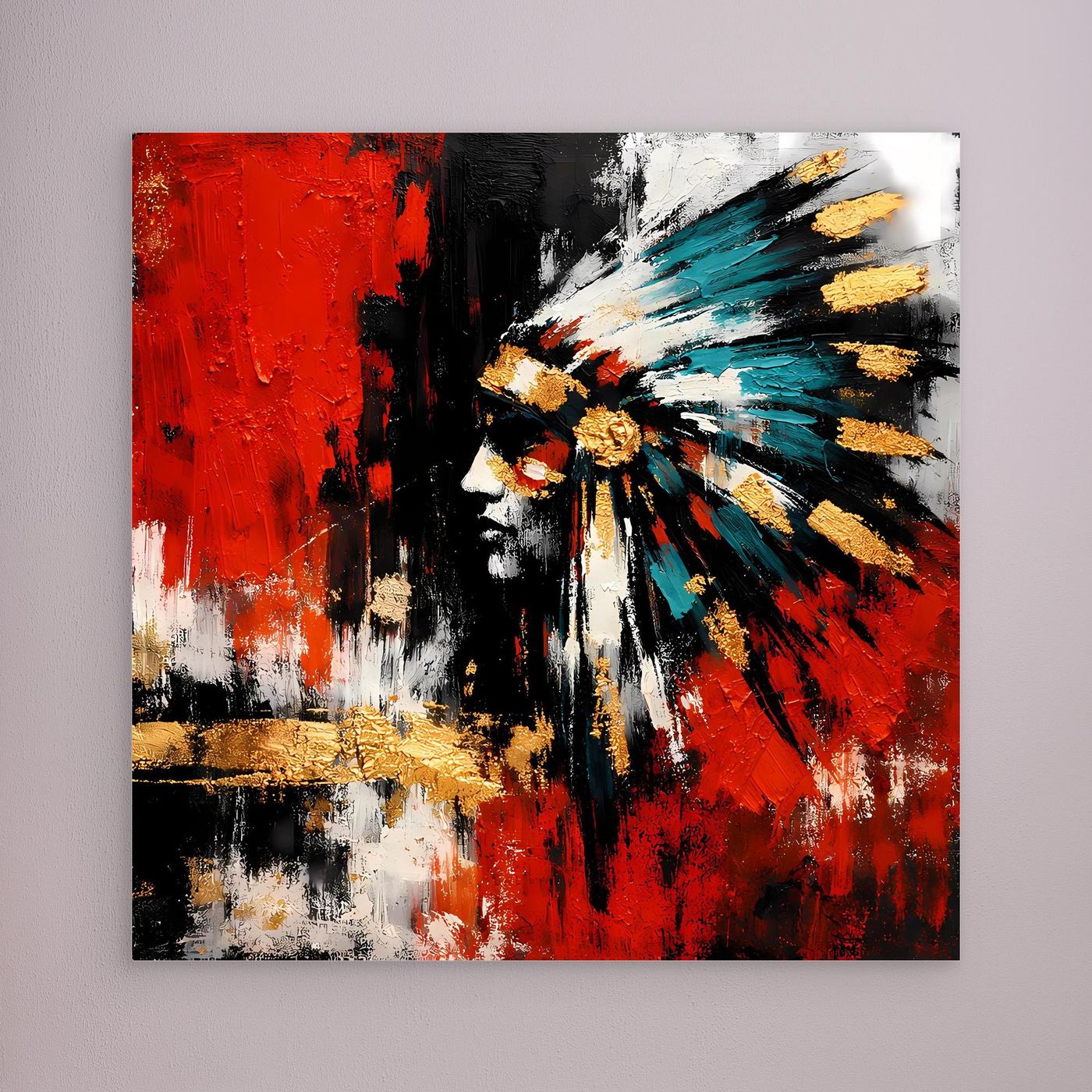 Leinwand-Wandbild mit abstraktem Porträt in Rot, Schwarz und Türkis, weißer Rand
