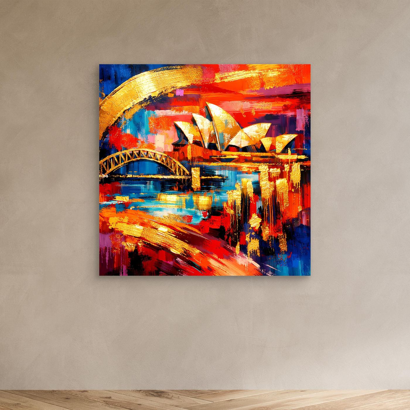 Leinwandbild mit abstrakter Skyline, goldenen Akzenten, Opernhaus-Segeln und Brückenbogen
