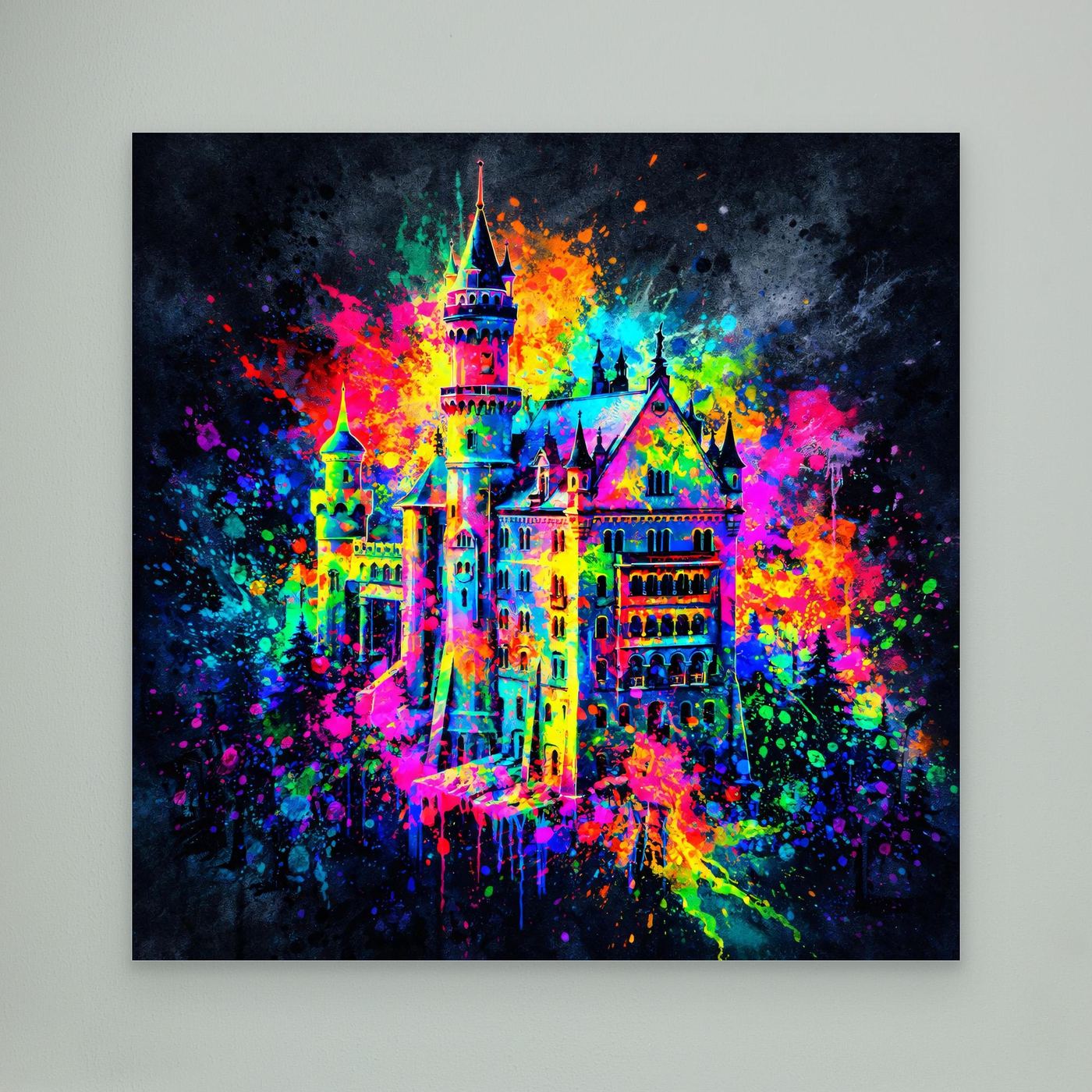 Leinwandbild mit bunter Graffiti-Schlossillustration, ohne sichtbaren Rahmen