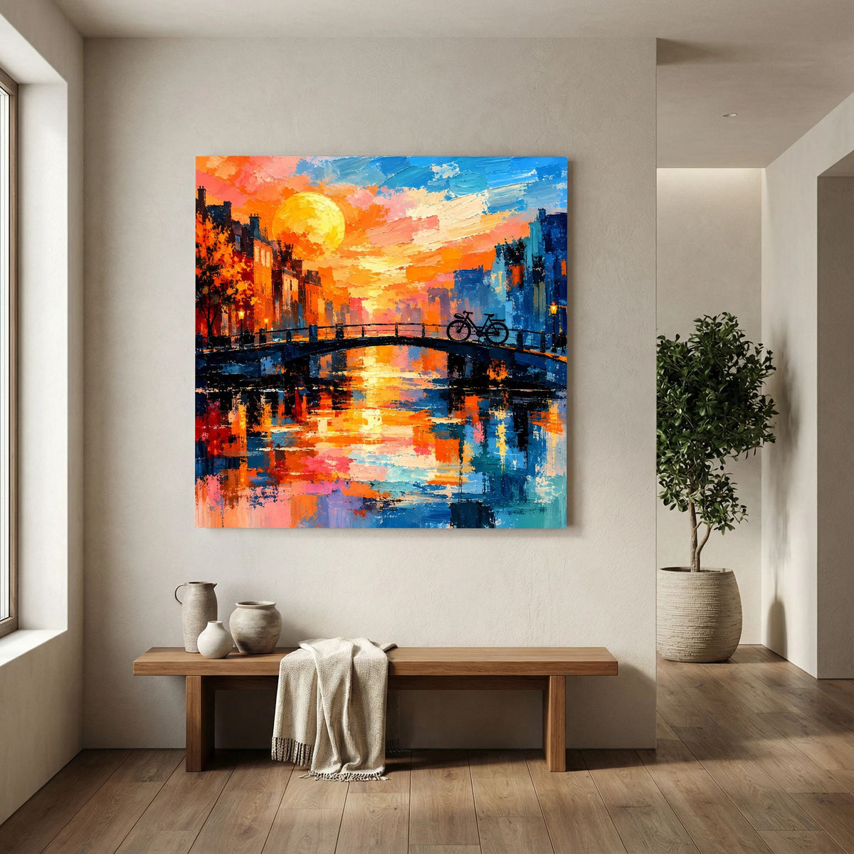 Leinwand Abstraktes Amsterdam Gemälde | Modernes Romantisches Grachten Wandbild mit Fahrrad