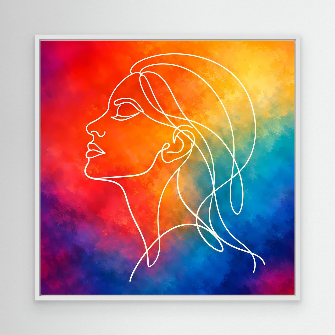 Leinwandbild Frauen-Silhouette in Line Art, buntes Aquarell, weißer Rahmen