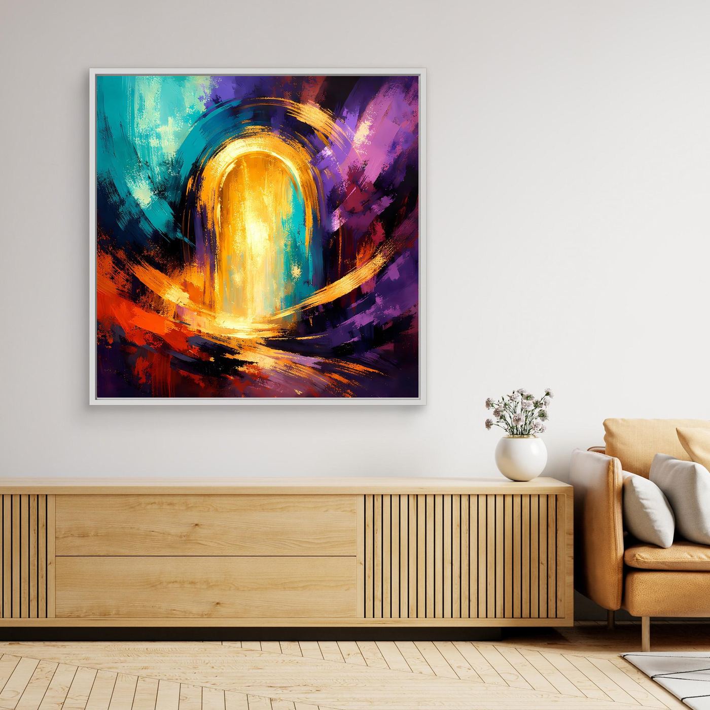 Abstraktes Leinwand-Wandbild mit kosmischem Portal und hellem Rahmen