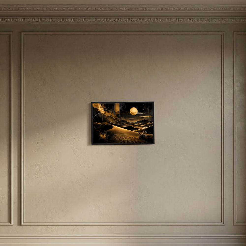 Wüstenlandschafts-Poster mit goldener Düne und Mond im schwarzen Rahmen auf geprägter Wand