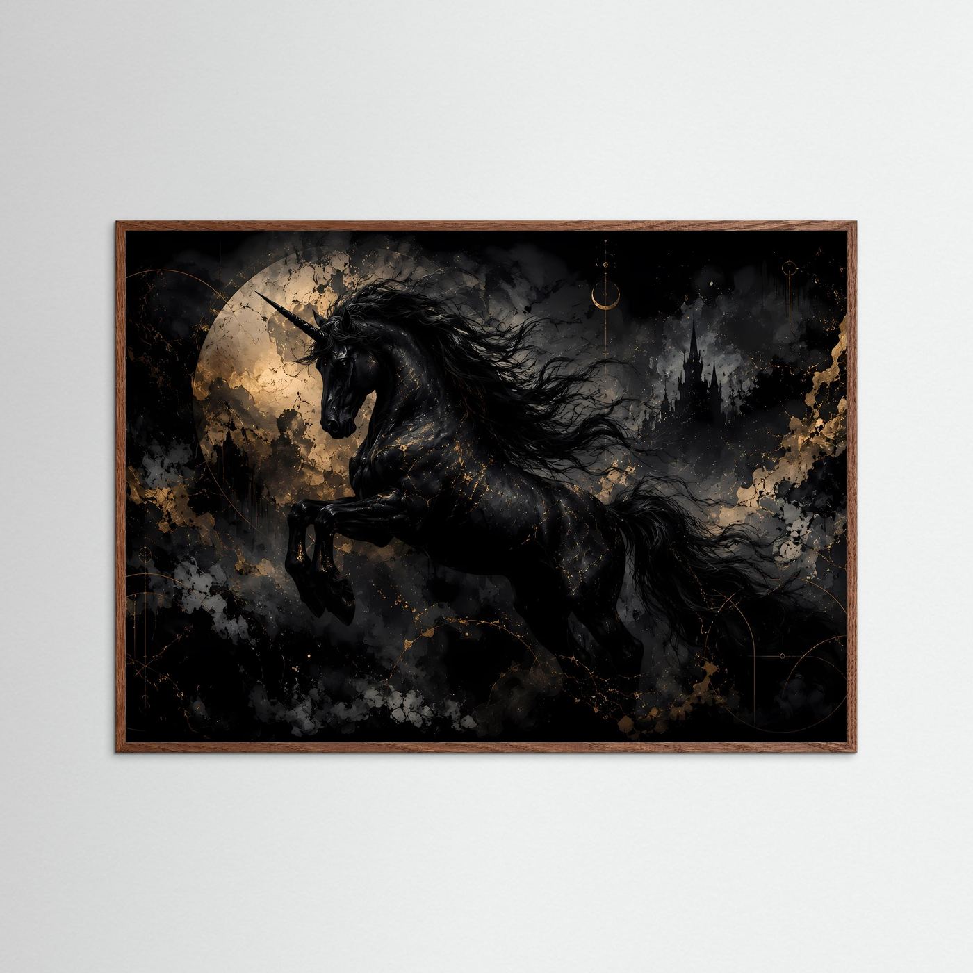 Schwarzes Einhorn Poster | Mystische Fantasy Wandkunst | Gothic Unicorn | Gold Schwarz Kunst | Premium Leinwandbild