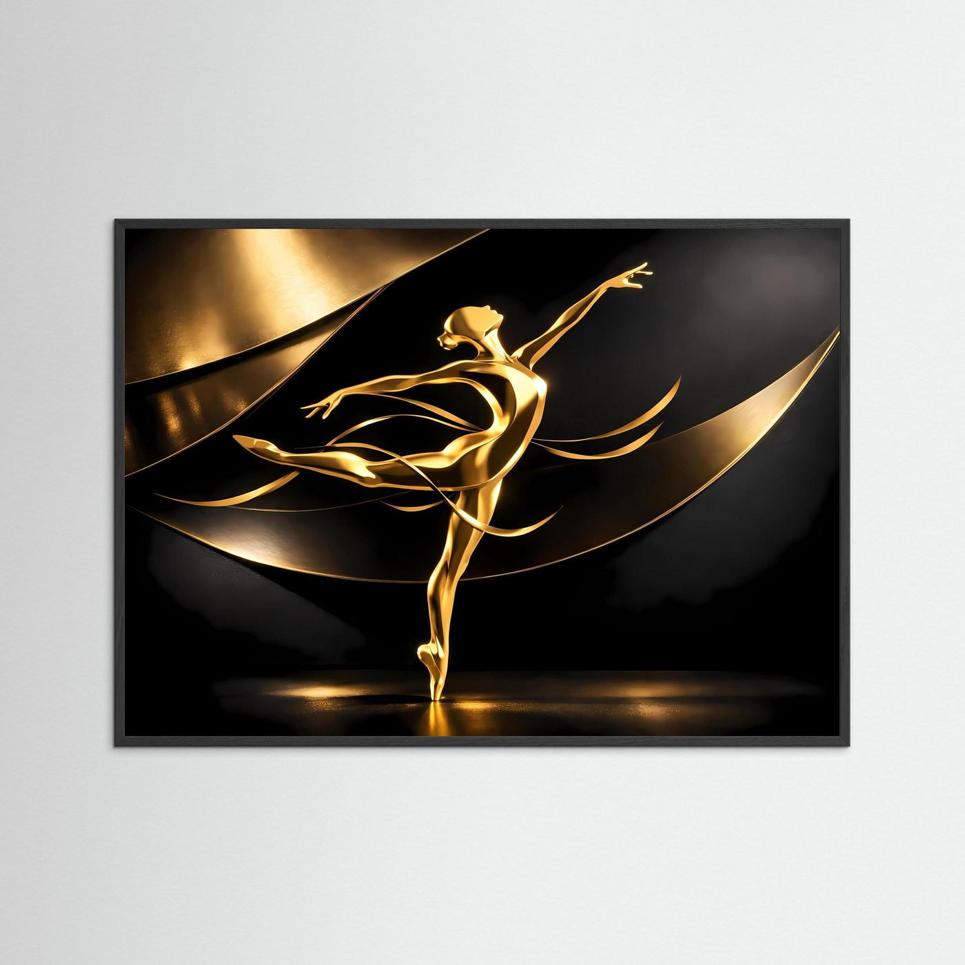 Gerahmtes Wandbild: goldene Ballerina-Skulptur über schwarzen Wellen, dunkelgrau