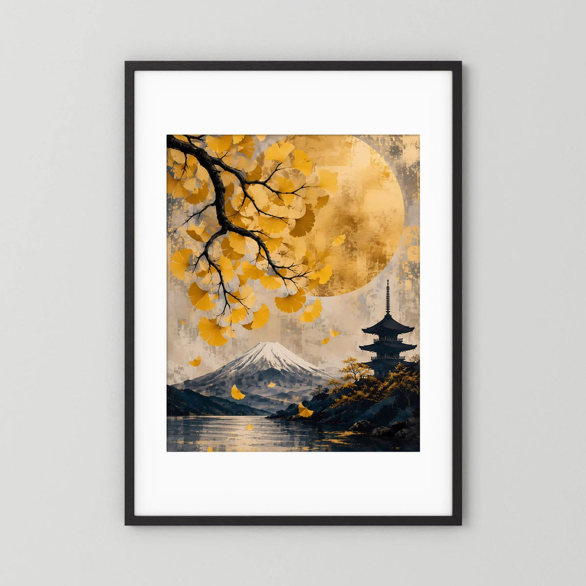 Poster mit schwarzem Rahmen: Gelbe Ginkgozweige, Fuji, Pagode und Vollmond im Landschaftsmotiv