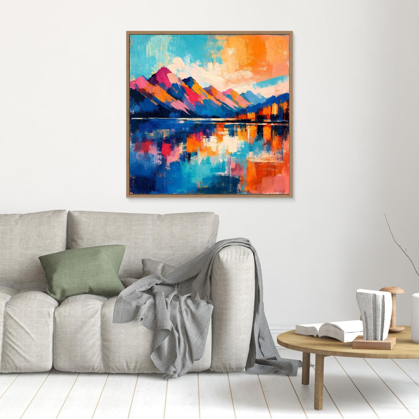 Gerahmtes Leinwandbild mit abstrakten Bergen und Spiegelung im See, türkis-orange