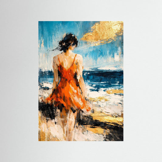 Hochformatiges Kunstposter mit abstrakter Strandszene: Frau im orangefarbenen Kleid, Blau, Gold, ohne Rahmen.