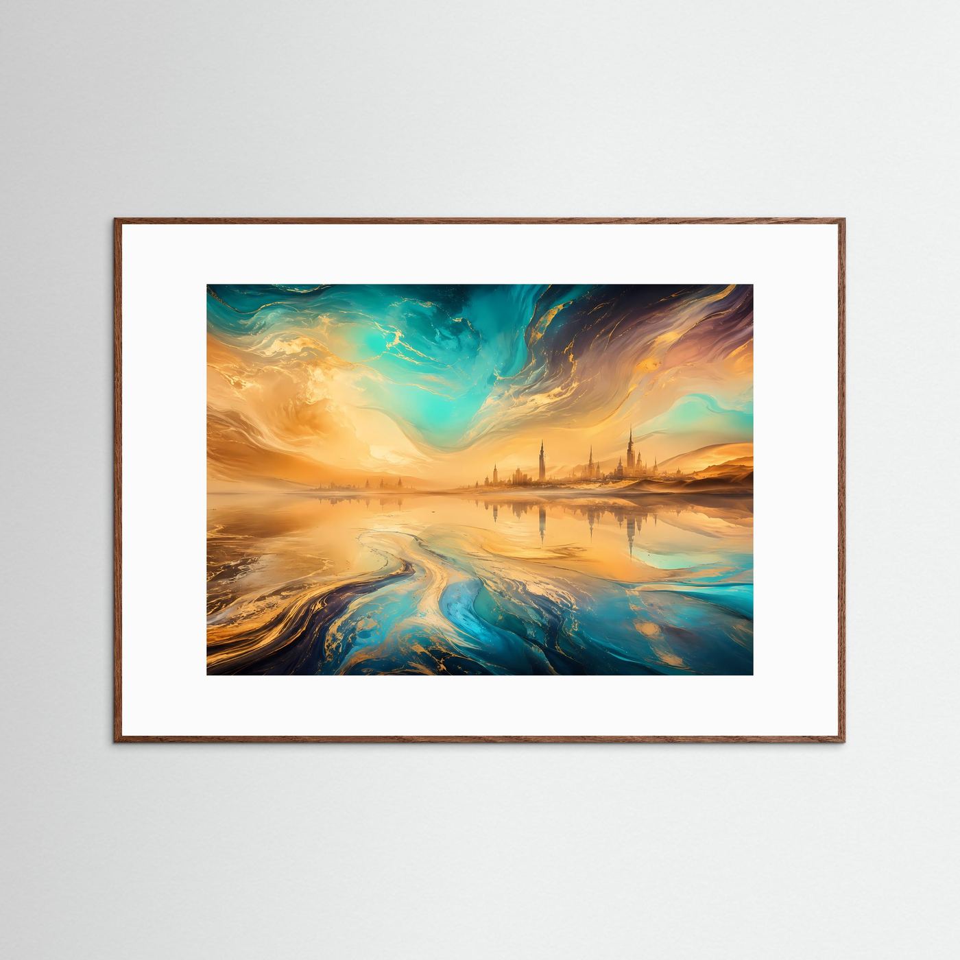 Fata Morgana Poster | Surreale Wüstenlandschaft mit Gold und Türkis | Abstrakte Traumlandschaft | Modernes Wandbild
