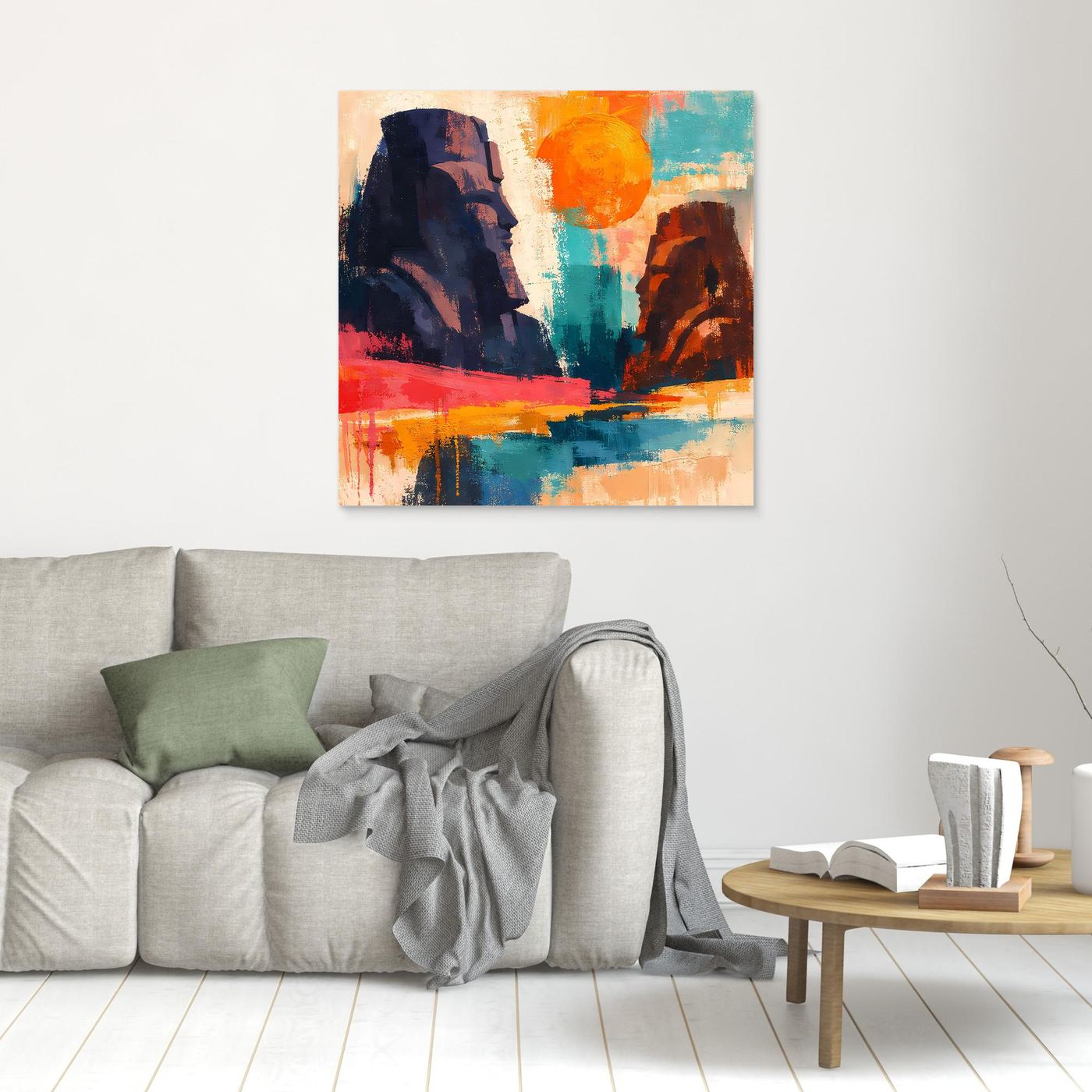 Abstraktes Wandbild mit Pharaonen-Silhouetten in Orange-, Blau- und Rottönen, ohne Rahmen