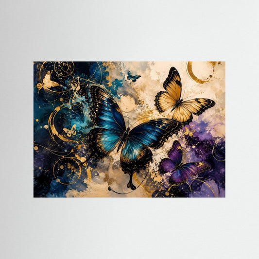 Poster-Wandbild mit drei Schmetterlingen in Blau, Gold und Violett