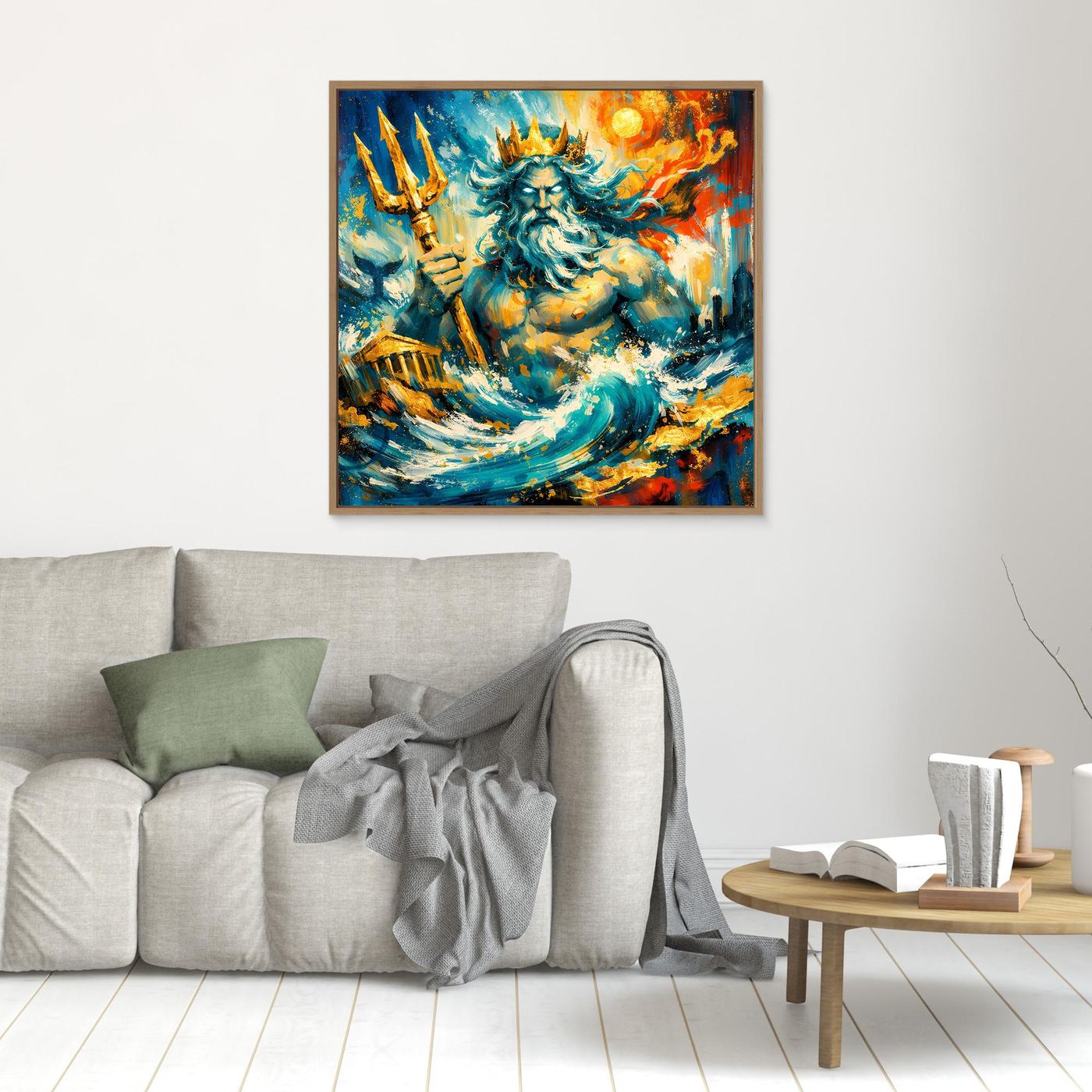 Kleines Leinwandbild mit abstrakter Poseidon-Meerfigur, bunt, im braunen Rahmen