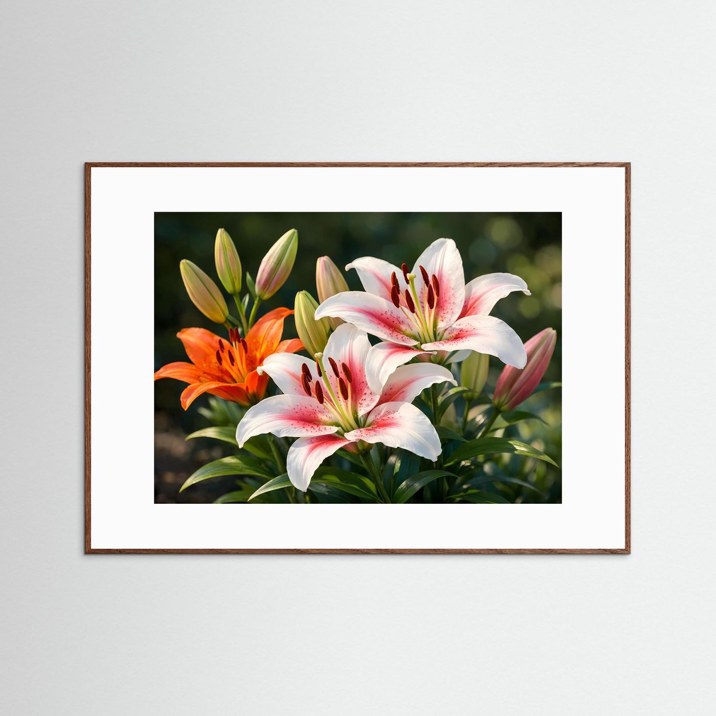 Panorama-Poster mit weißen, rosa und orangefarbenen Lilien im braunen Holzrahmen