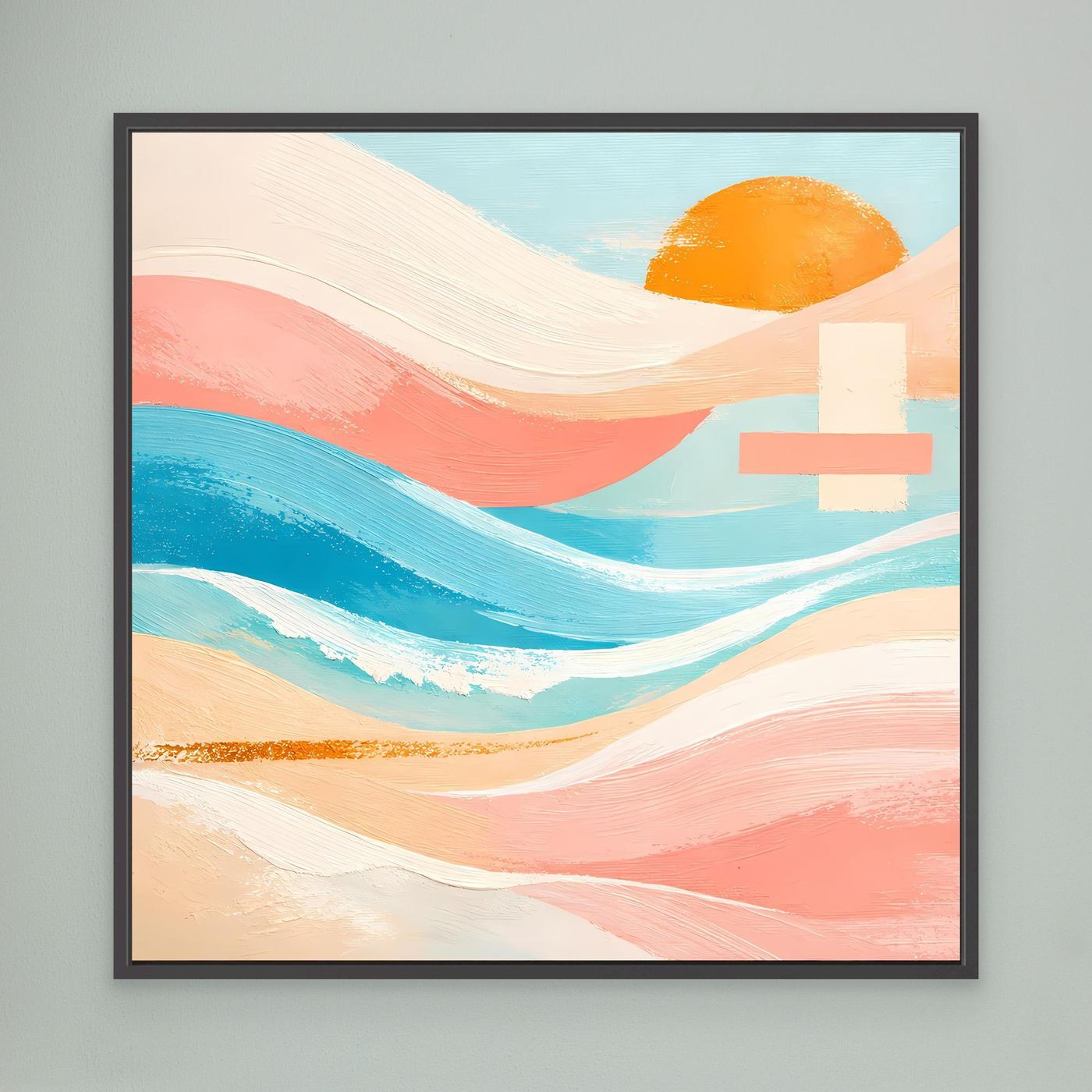 Leinwandbild mit abstrakten Meereswellen in Pastellfarben und orangefarbener Sonne, schwarz gerahmt