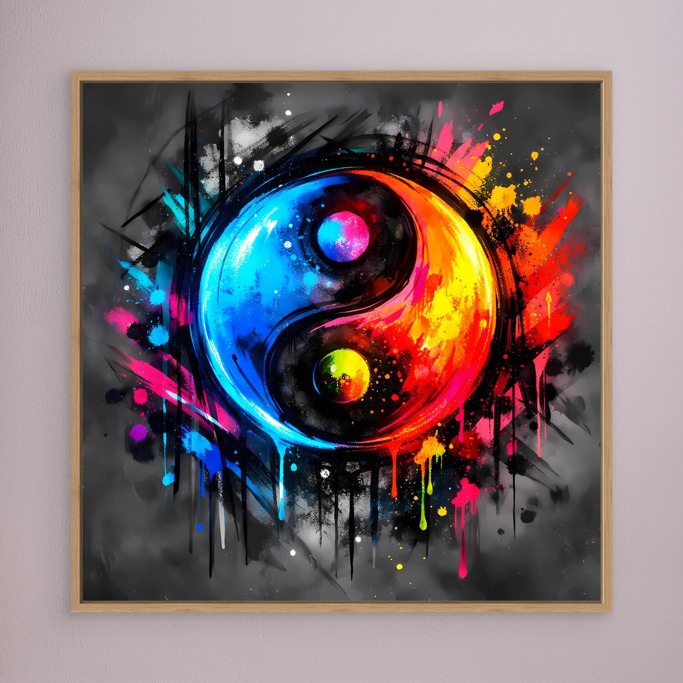 Gerahmtes Leinwandbild mit abstraktem Yin-Yang-Motiv in Blau, Rot, Gelb und Pink