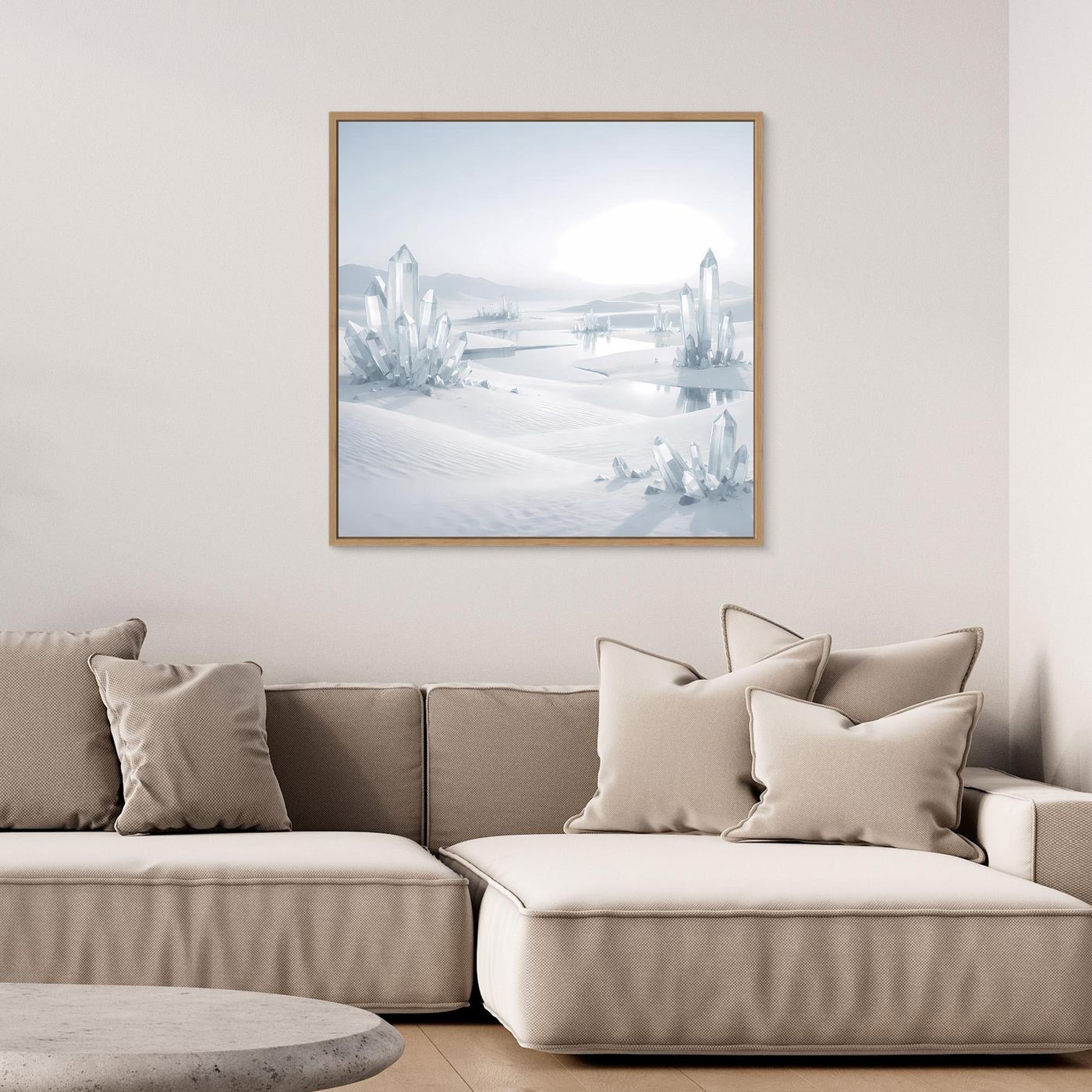 Leinwandbild mit kristalliger Winterlandschaft, Eichenrahmen in Braun
