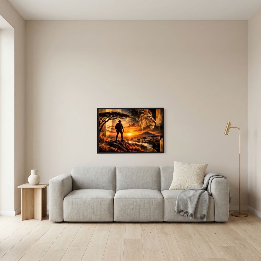 Gerahmtes Poster im Querformat an der Wand mit Ranger und Löwenkopf bei Sonnenuntergang