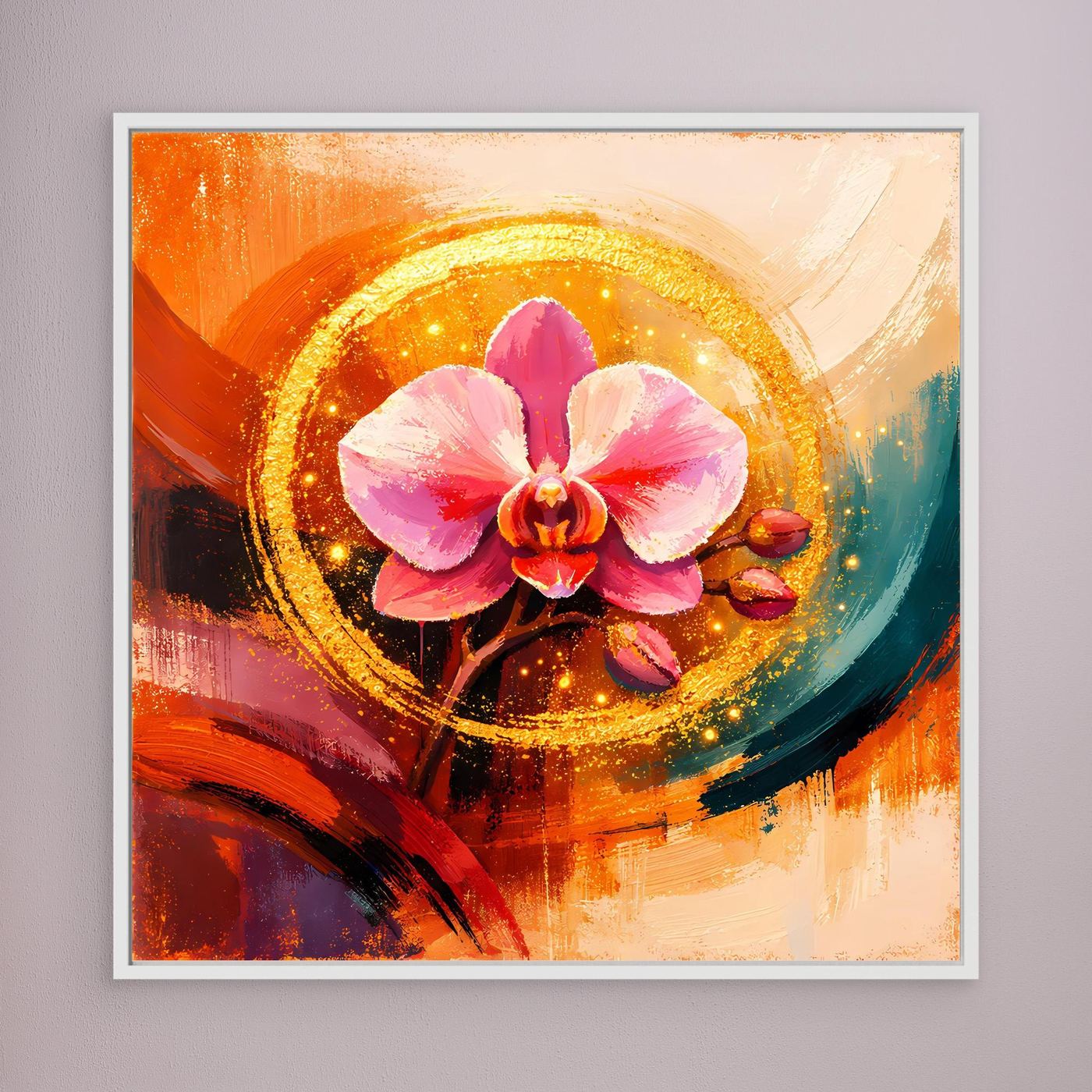 Gerahmtes Leinwandbild mit goldener Orchidee im Kreis, weißer Rahmen