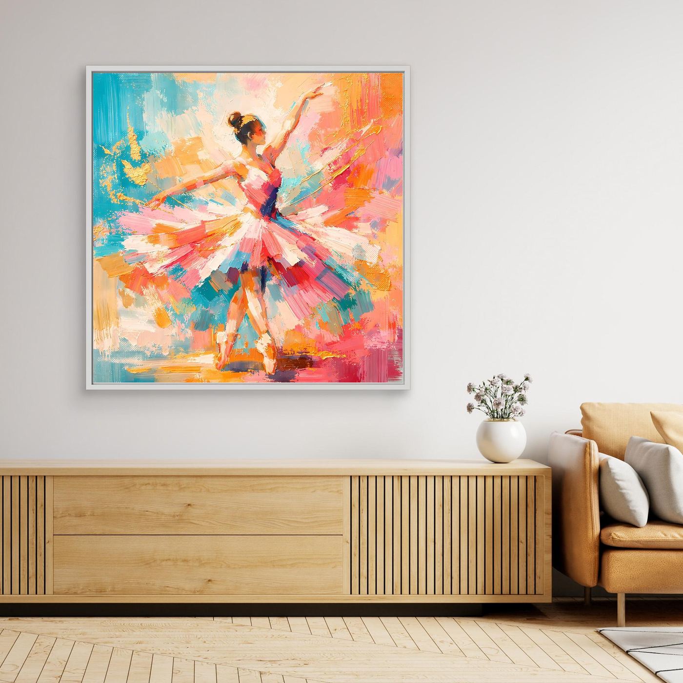 Leinwandbild mit abstrakter Ballerina, buntes Farbspektrum, heller Rahmen